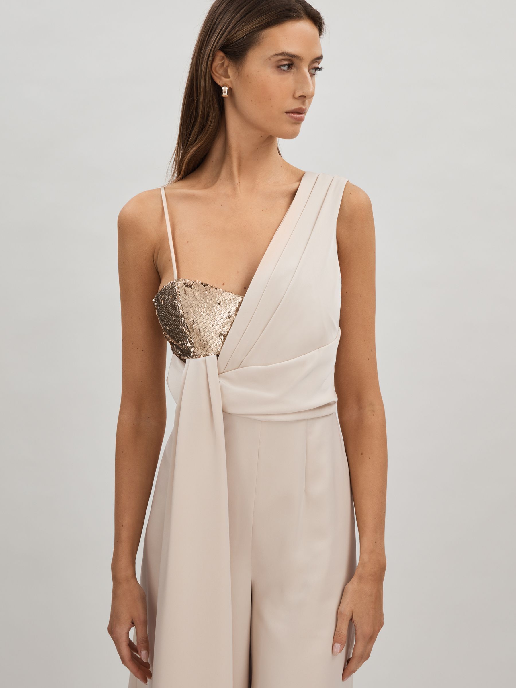 Reiss Halston Satin Sequin Wide Leg Jumpsuit in Champagne