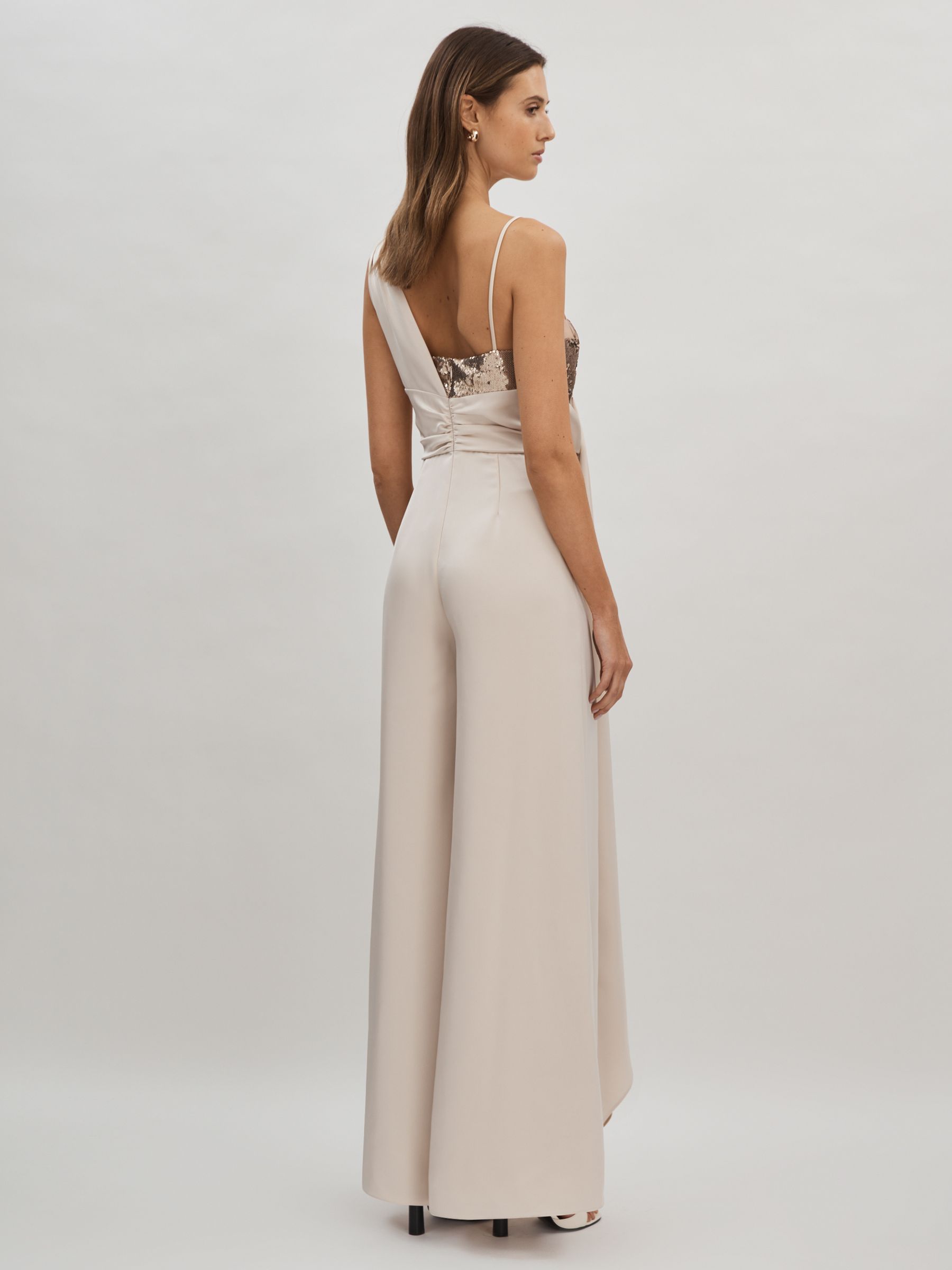 Halston Satin Sequin Wide Leg Jumpsuit in Champagne - Image 5 of 6