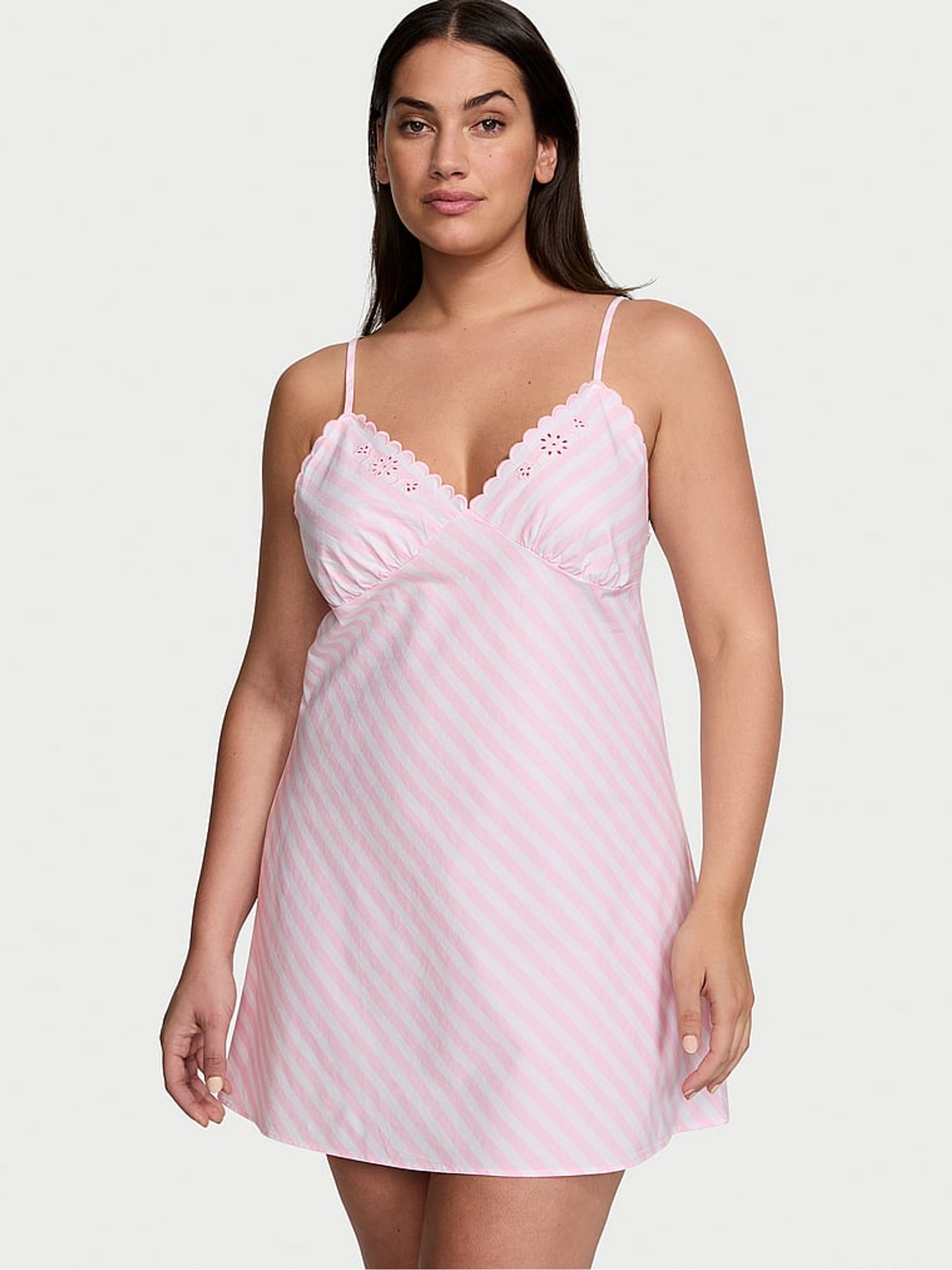 Pretty Blossom Pink Stripe Cotton Eyelit Slip Dress - Image 1 of 3
