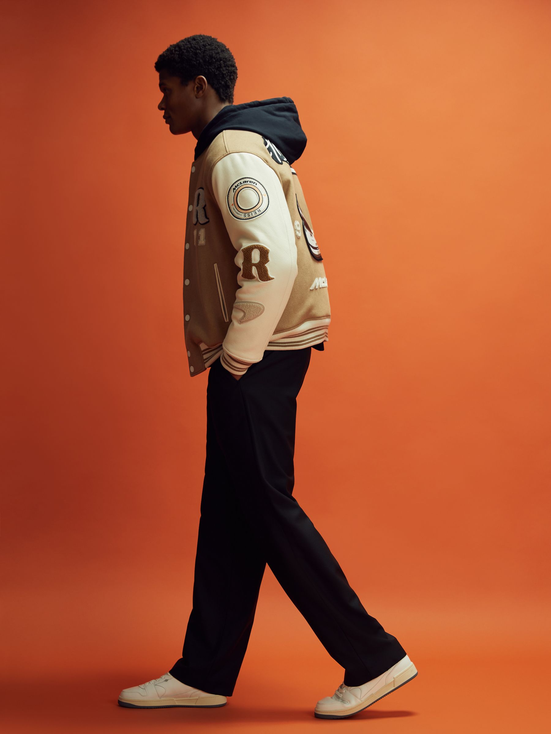 McLaren F1 Leather Varsity Jacket in Camel/Ecru - Image 6 of 9
