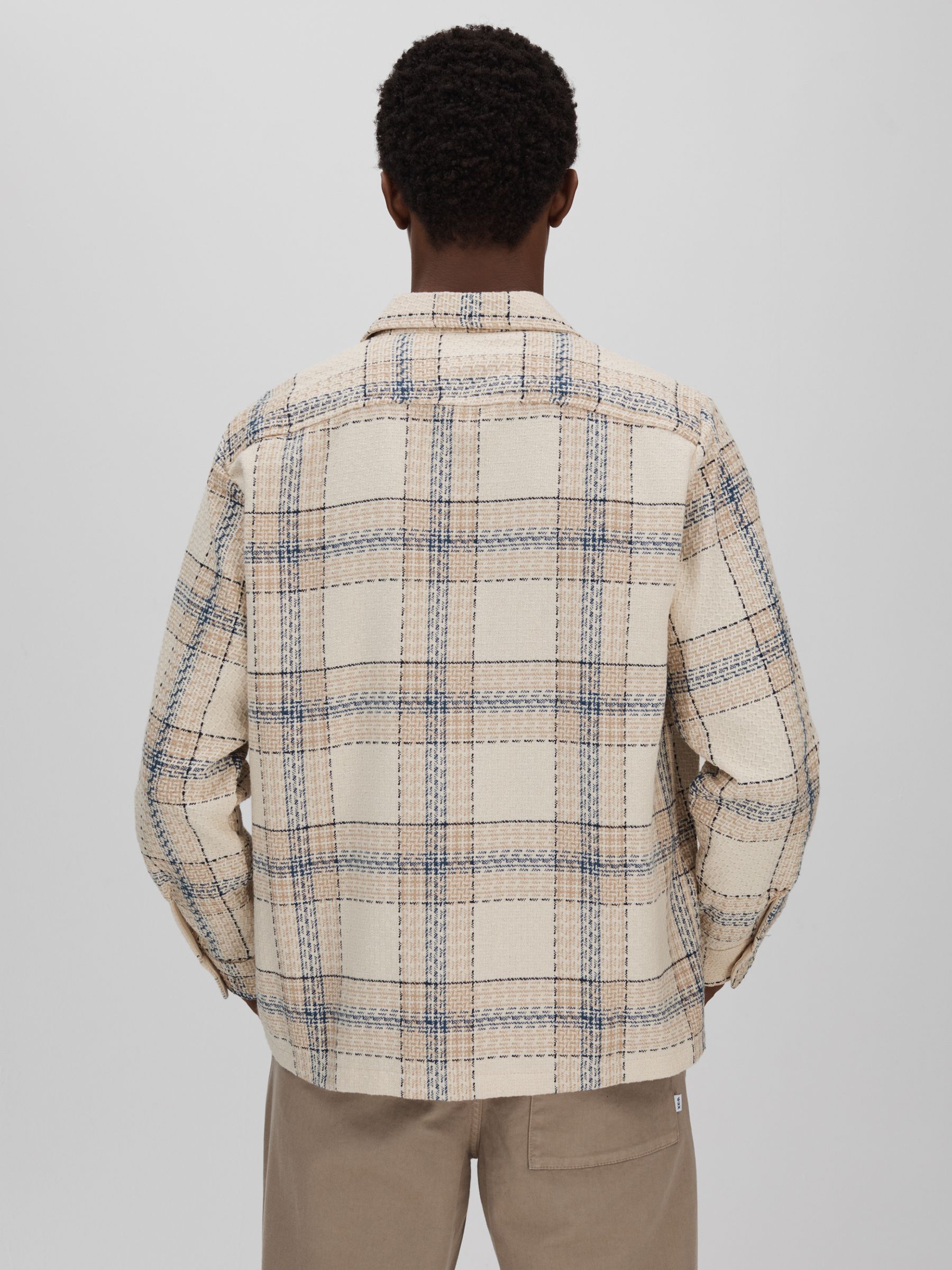 Wax London Textured Check Overshirt in Blue/Ecru - Image 2 of 5 Wax London Textured Check Overshirt in Blue/Ecru - Image 2 of 5