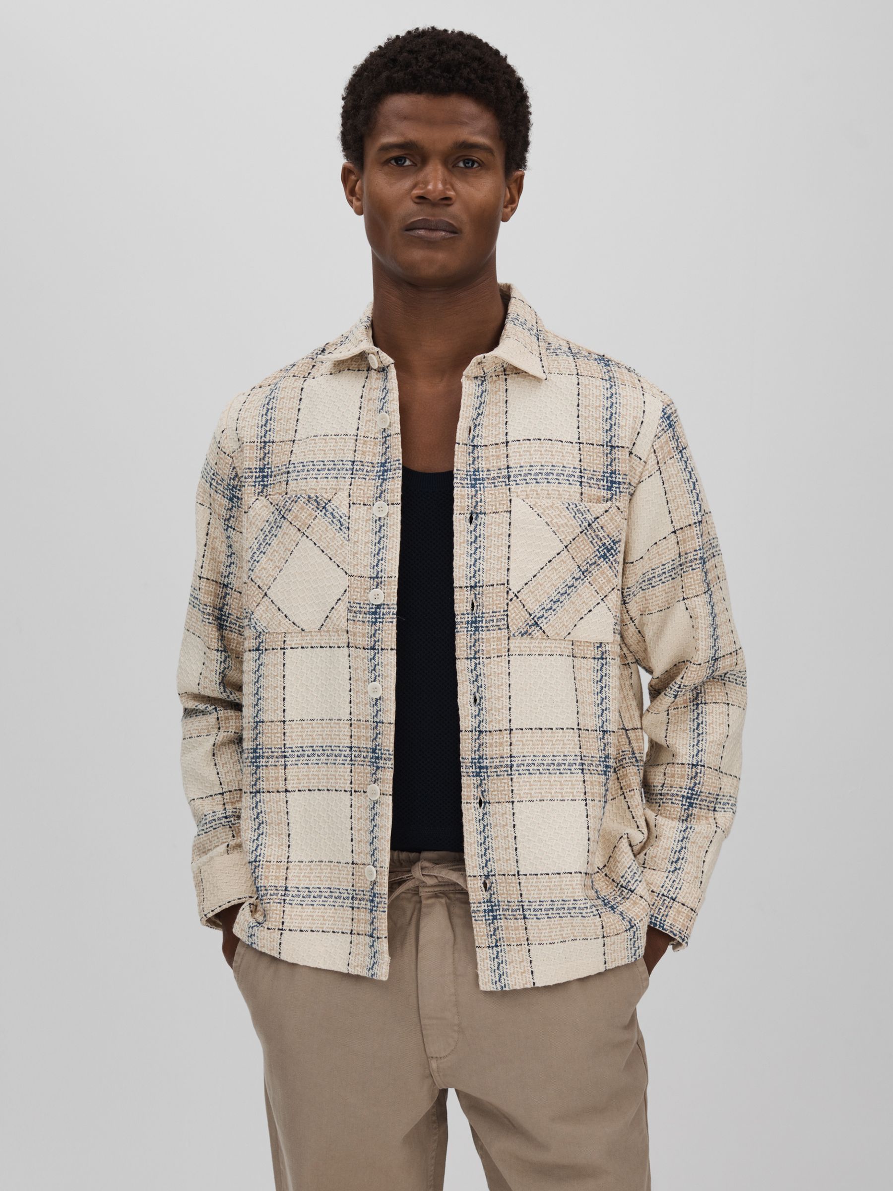 Wax London Textured Check Overshirt in Blue/Ecru - Image 4 of 5