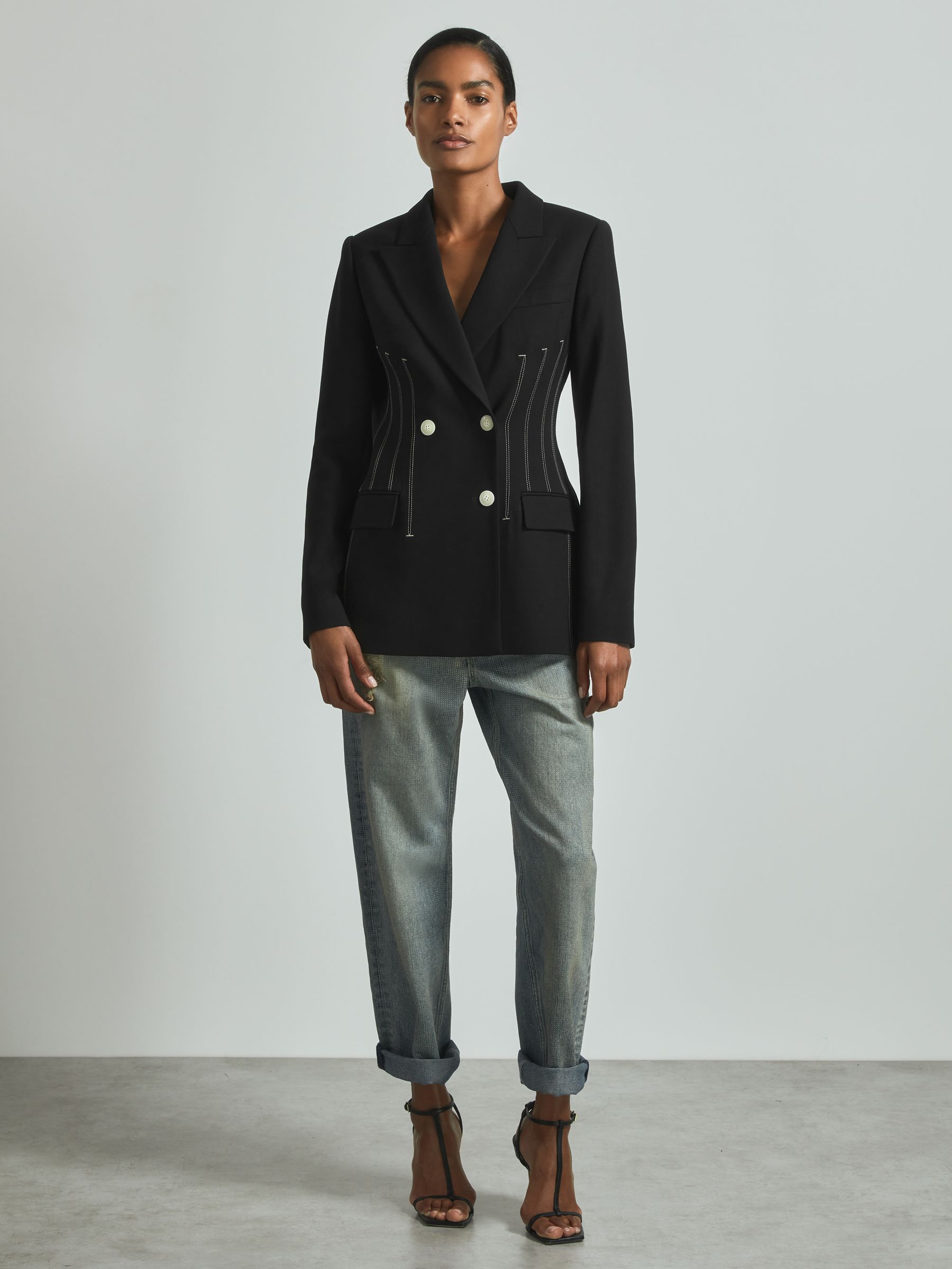 Atelier Double Breasted Corset Stitch Blazer in Black - Image 3 of 5
