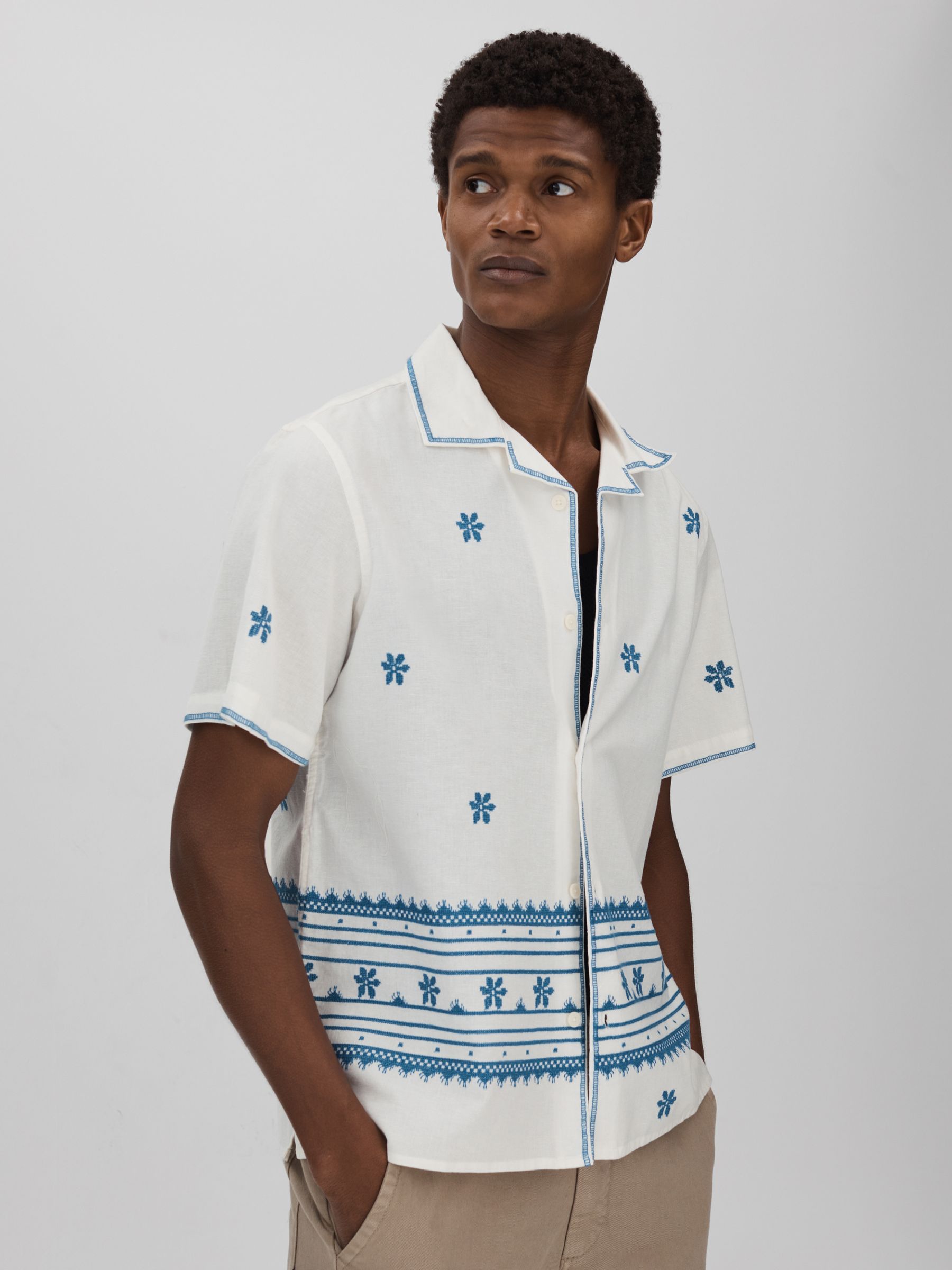 Wax London Relaxed Cotton Linen Embroidered Shirt in Blue/Ecru - Image 1 of 6