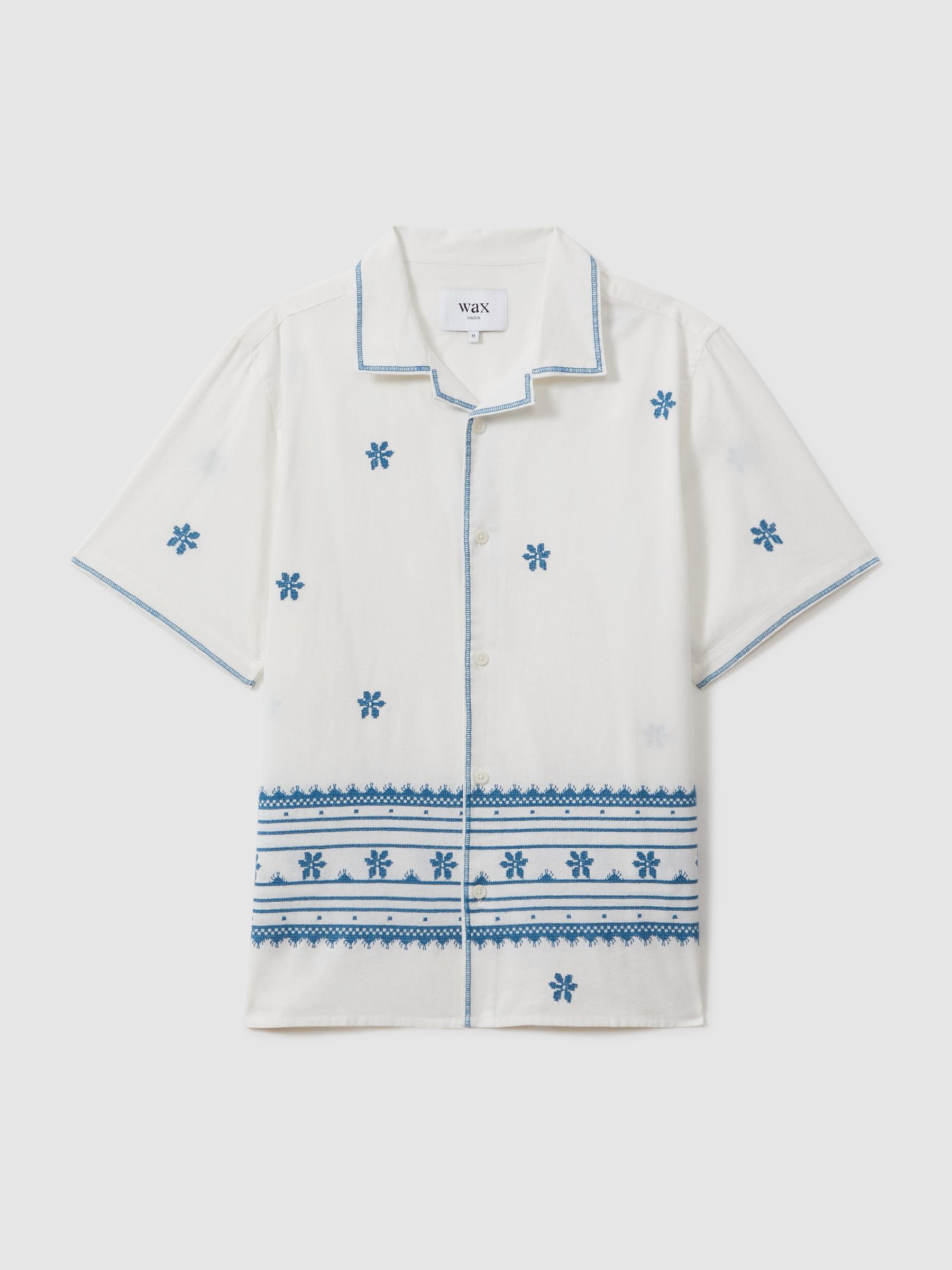 Wax London Relaxed Cotton Linen Embroidered Shirt in Blue/Ecru - Image 2 of 6
