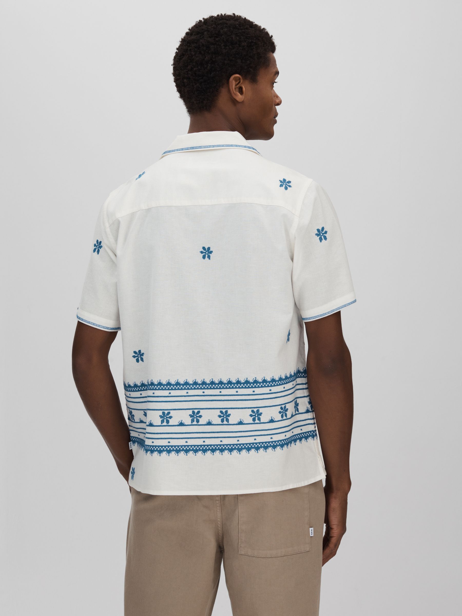 Wax London Relaxed Cotton Linen Embroidered Shirt in Blue/Ecru - Image 5 of 6