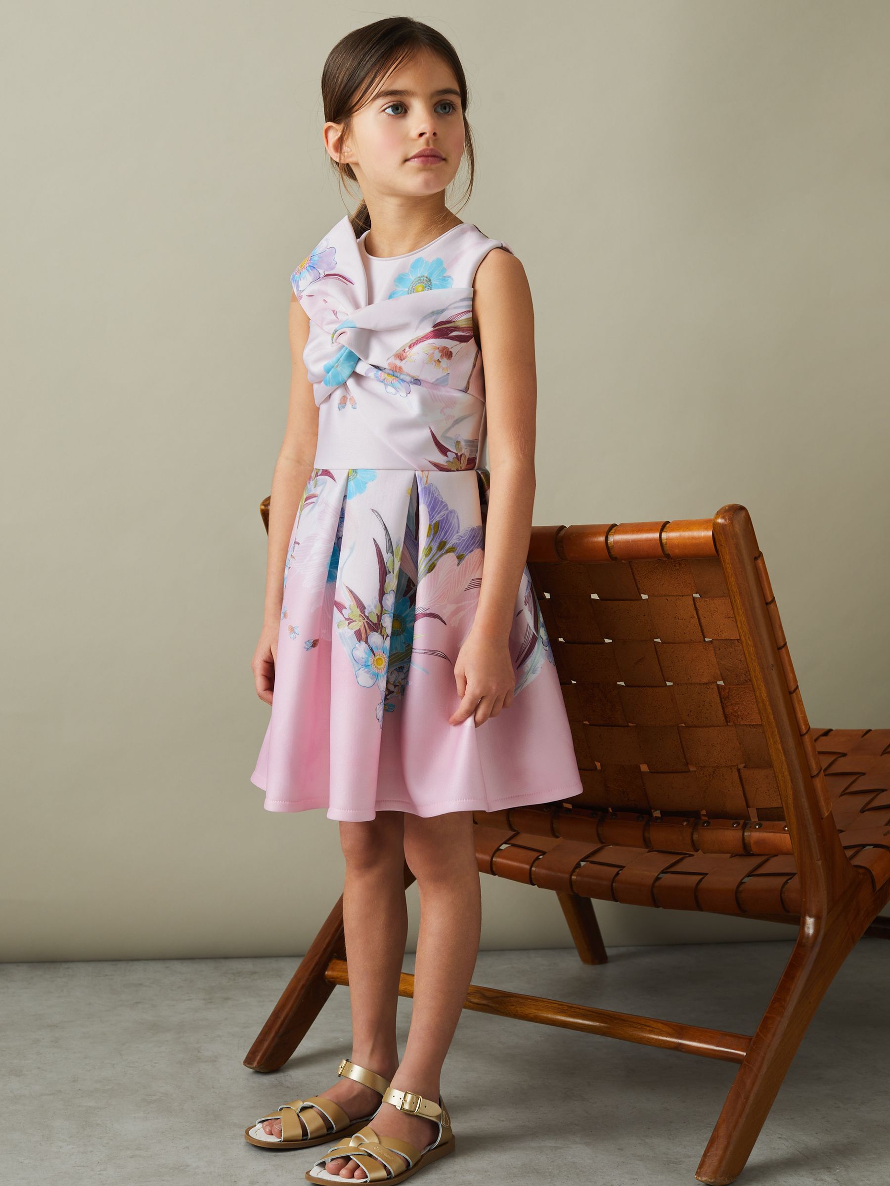9-13 yrs Floral Scuba Twist Fit-and-Flare Dress in Pink - Image 3 of 5