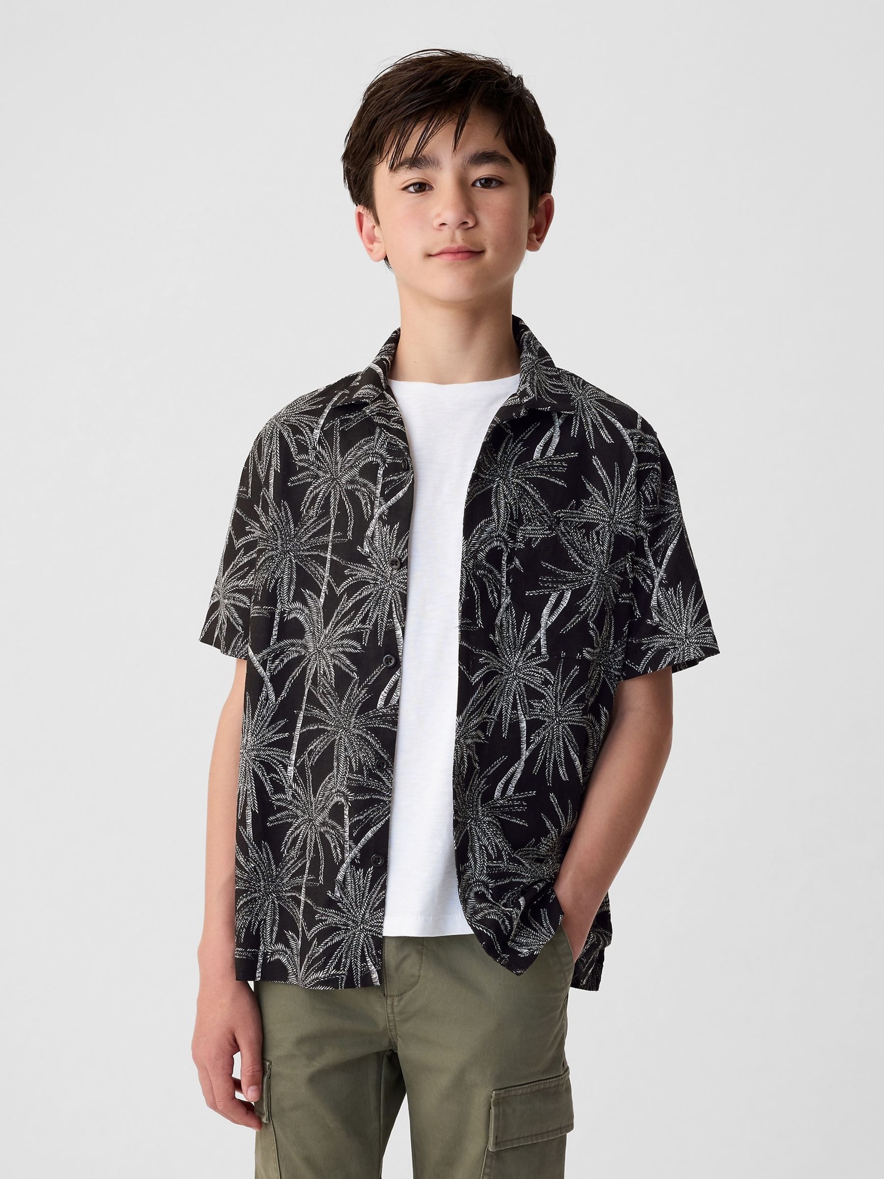 Black Short Sleeve Linen Cotton Shirt (4-13yrs) - Image 1 of 6
