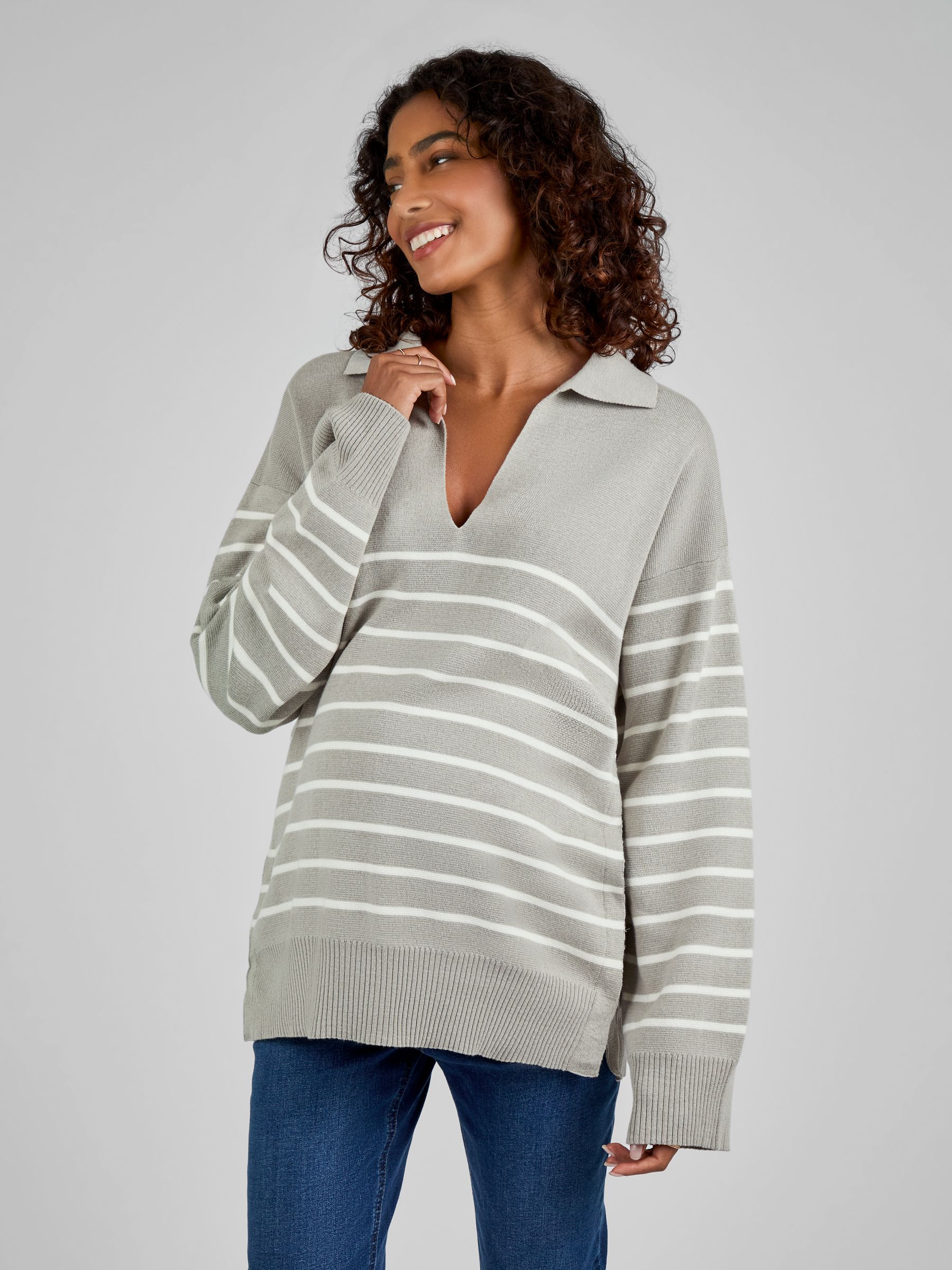 Grey & Ecru Cream Stripe Collared Maternity & Nursing Jumper - Image 1 of 1