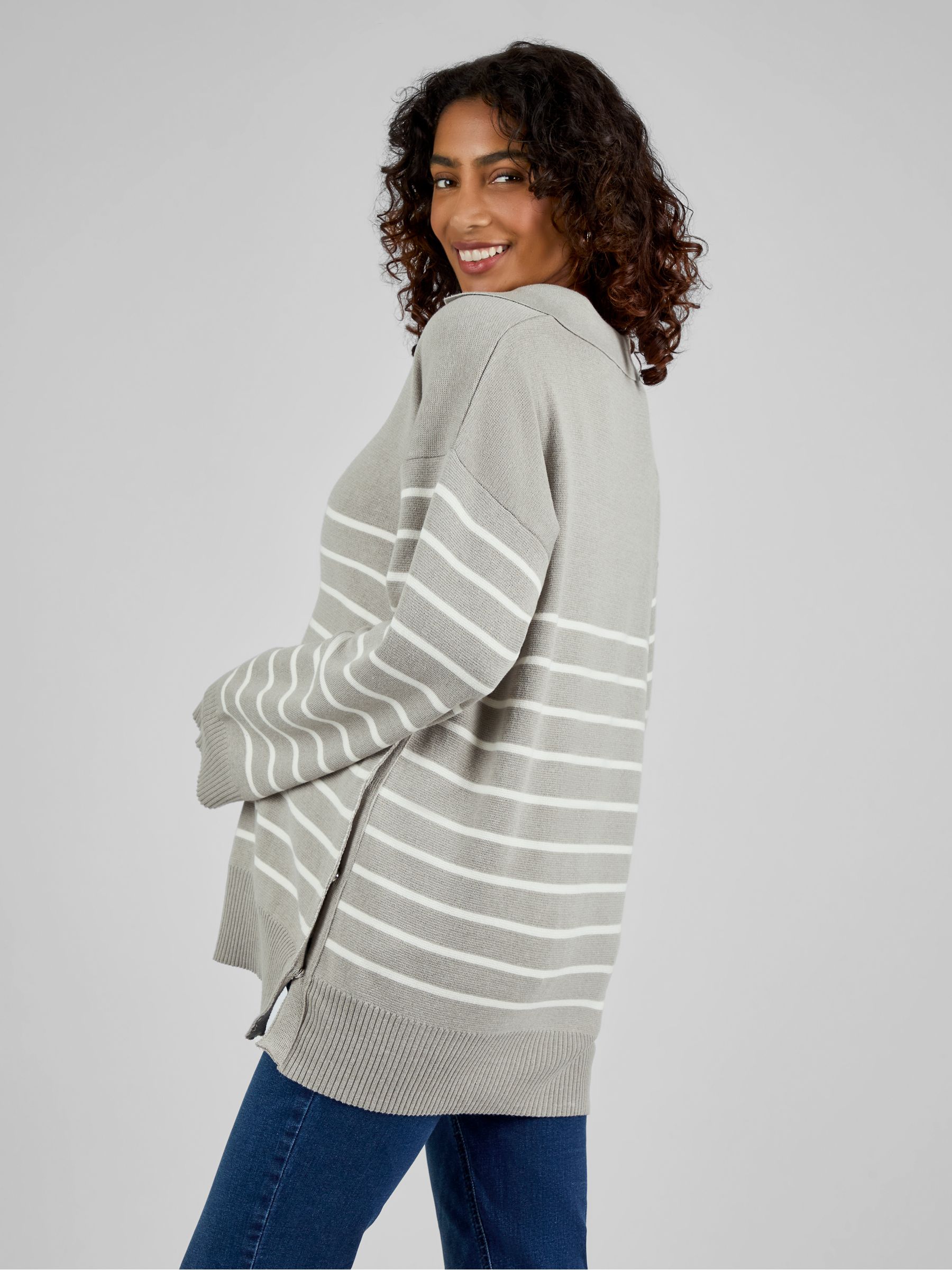 Grey & Ecru Cream Stripe Collared Maternity & Nursing Jumper - Image 2 of 4