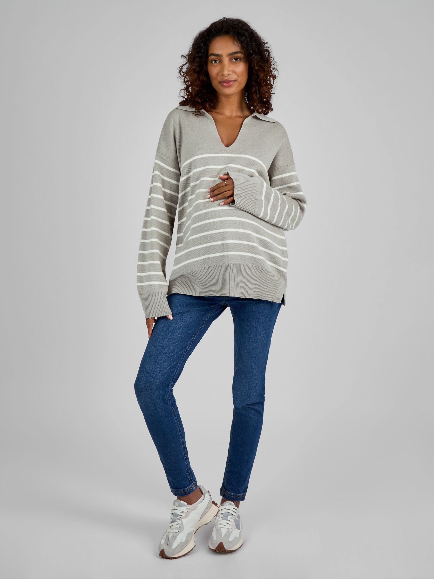 Grey & Ecru Cream Stripe Collared Maternity & Nursing Jumper - Image 3 of 4
