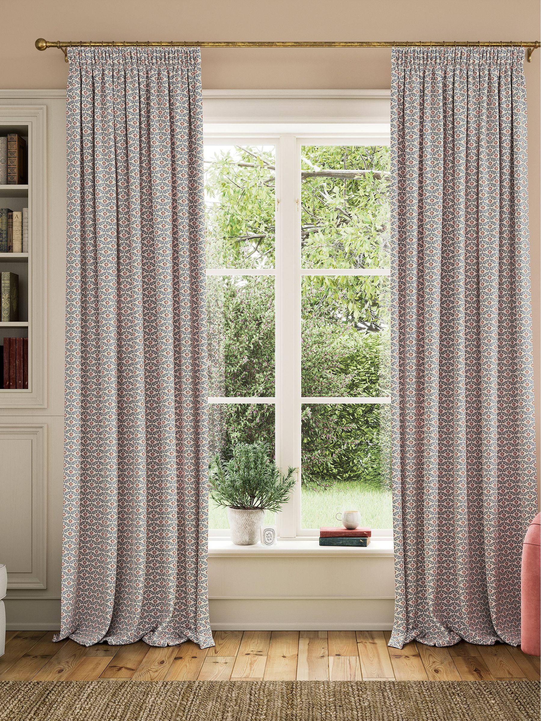 Floral Foulard Set of 2 Blue & Cream Pencil Pleat Curtains - Image 1 of 4
