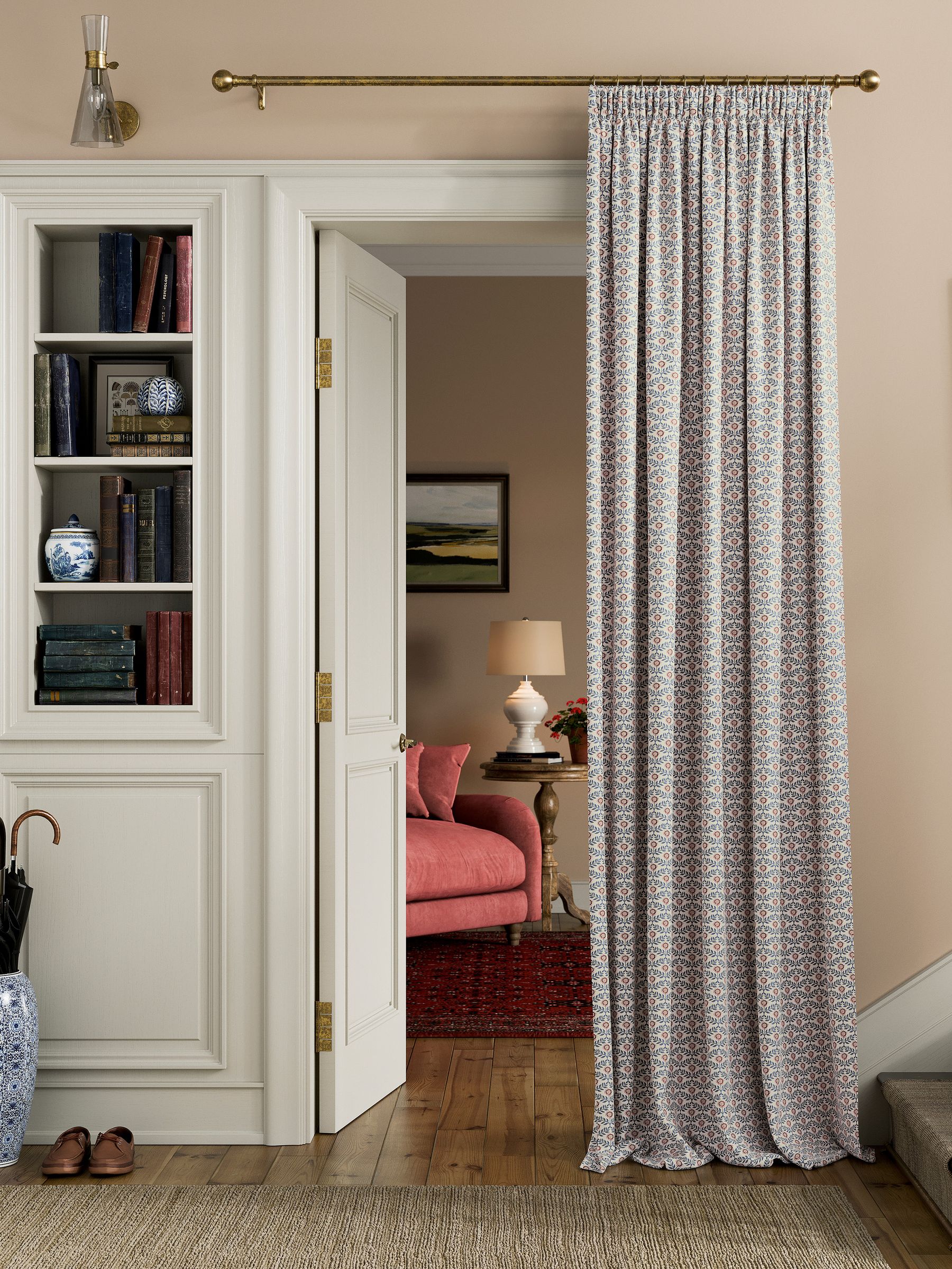 Floral Foulard Set of 2 Blue & Cream Pencil Pleat Curtains - Image 2 of 4