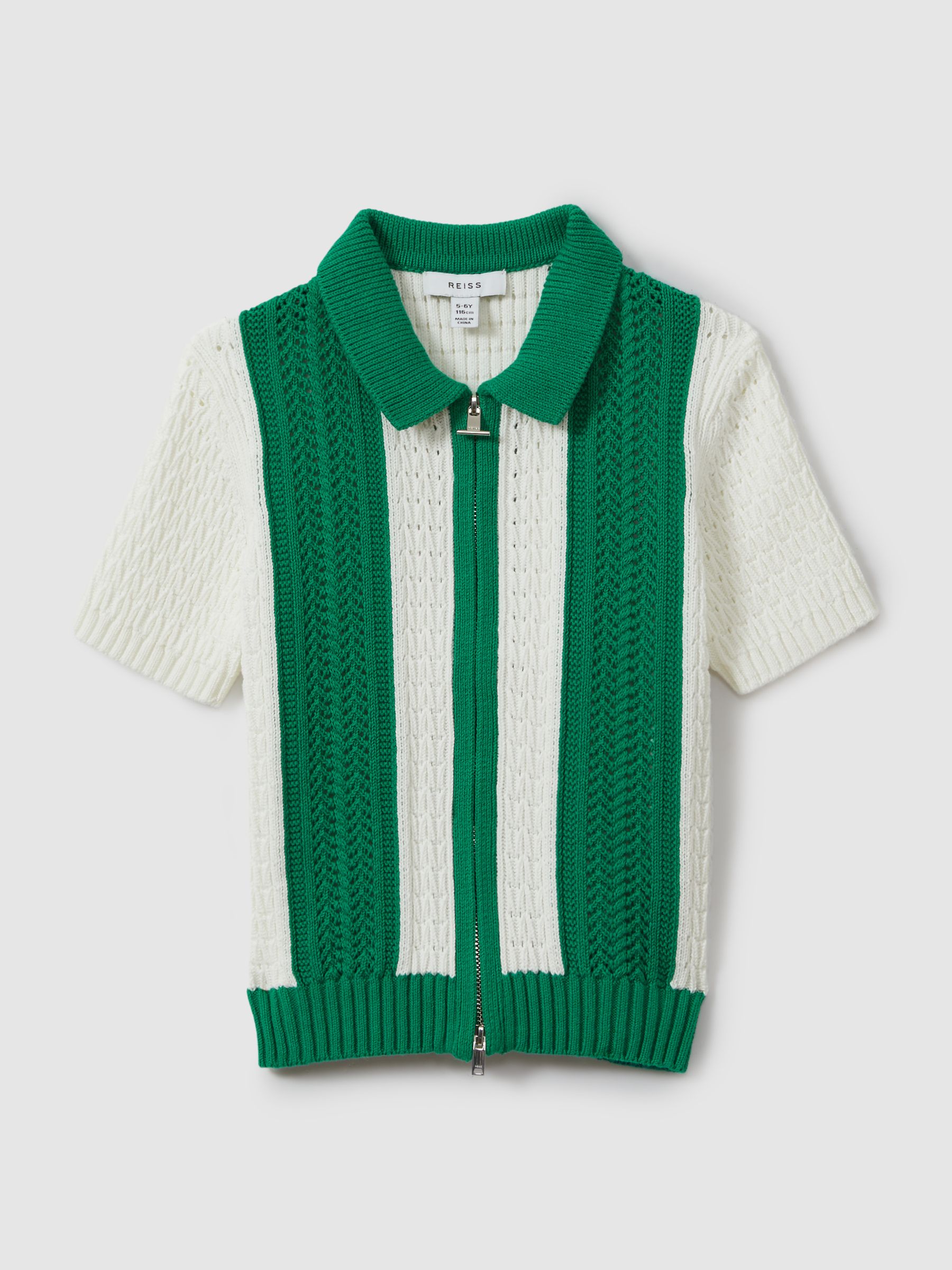 3-9 yrs Knitted Cotton Zip-Front Shirt in White/Bright Green - Image 2 of 4
