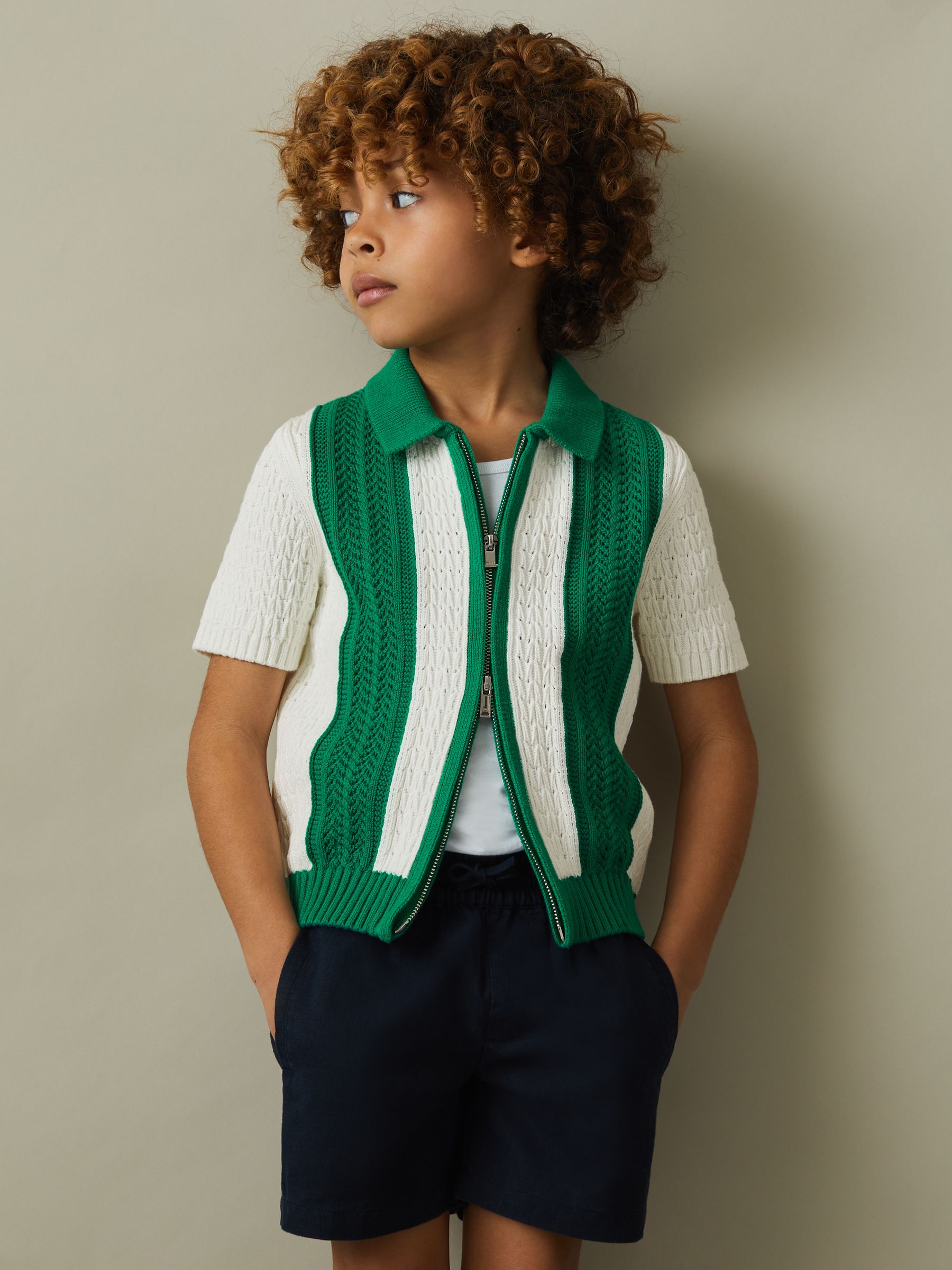 3-9 yrs Knitted Cotton Zip-Front Shirt in White/Bright Green - Image 3 of 4