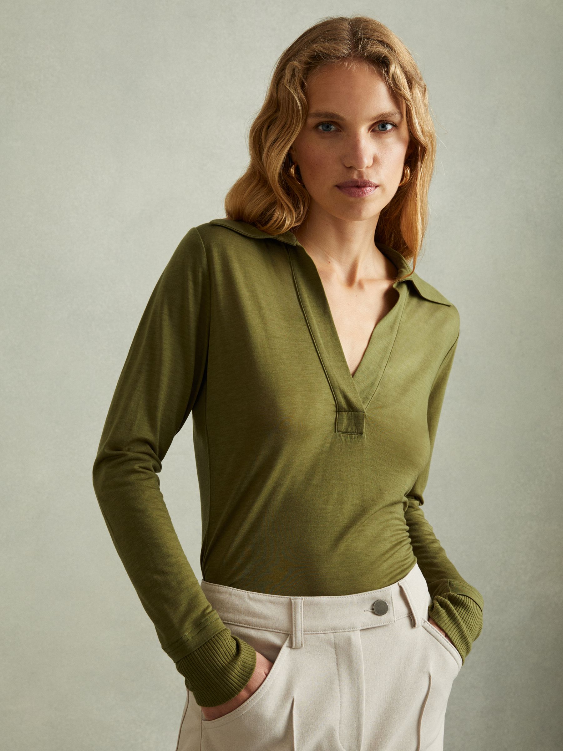 Lyocell-Wool Open-Collar Top in Green - Image 1 of 8