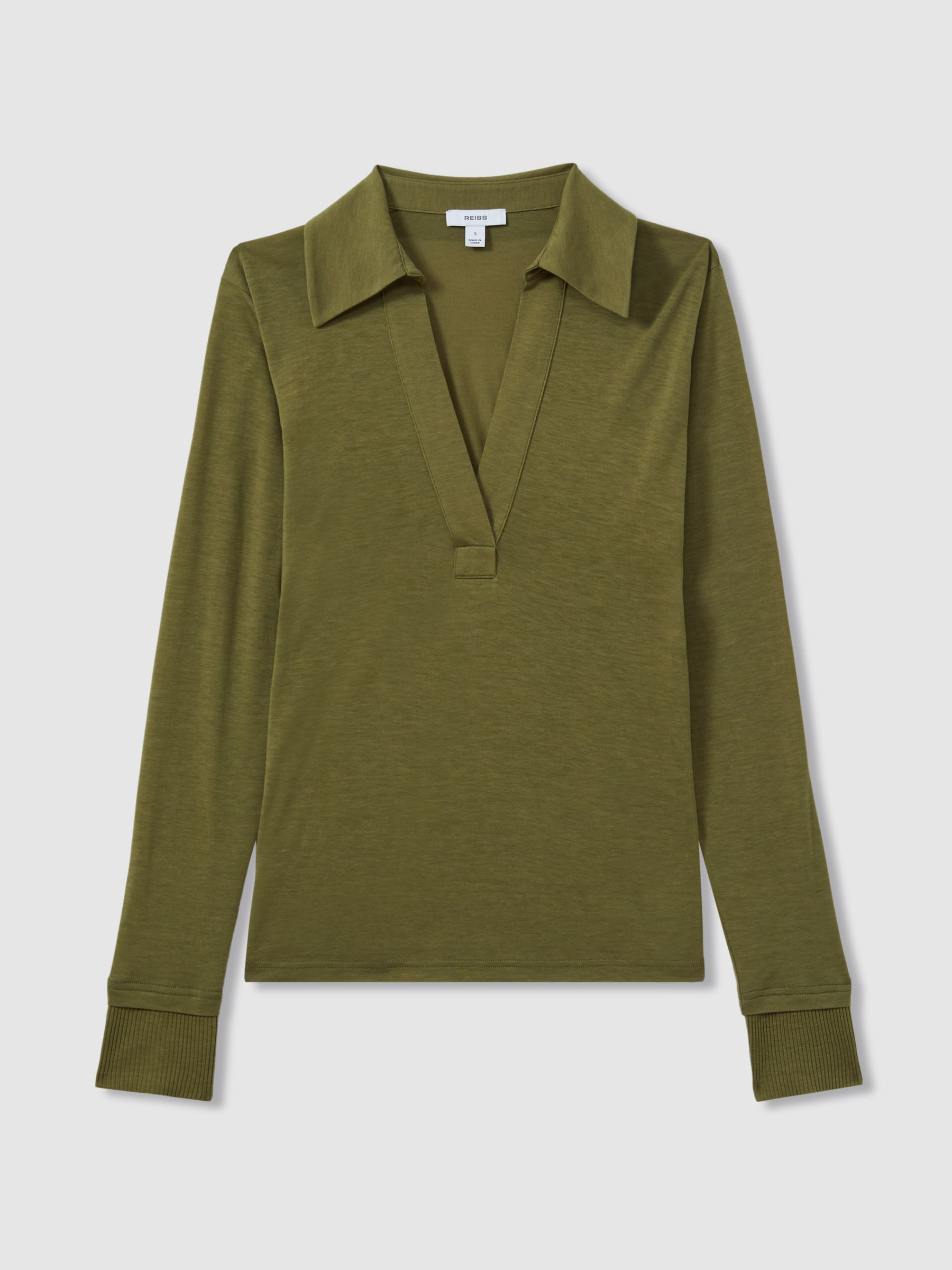 Lyocell-Wool Open-Collar Top in Green - Image 2 of 8