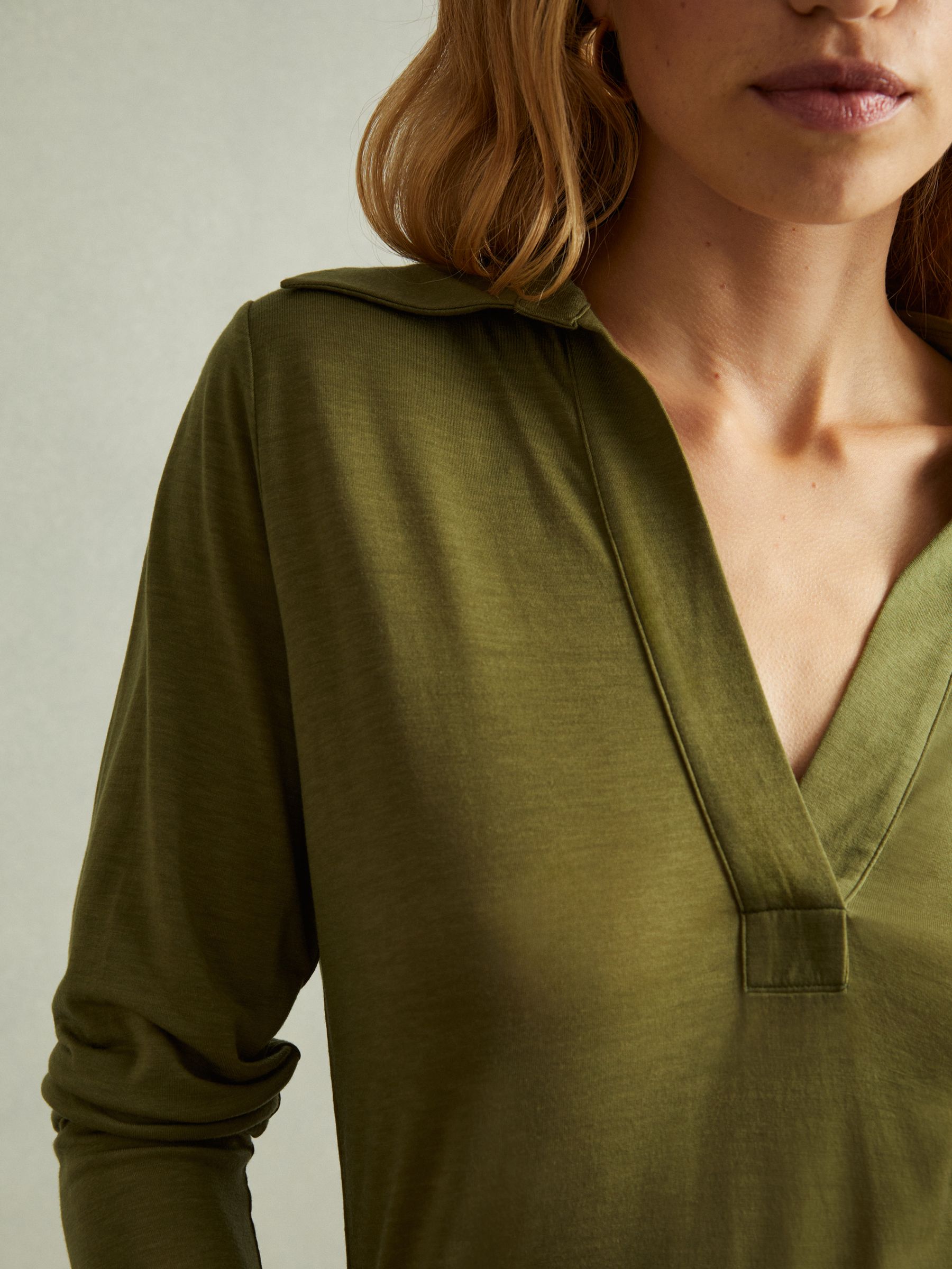Lyocell-Wool Open-Collar Top in Green - Image 4 of 8