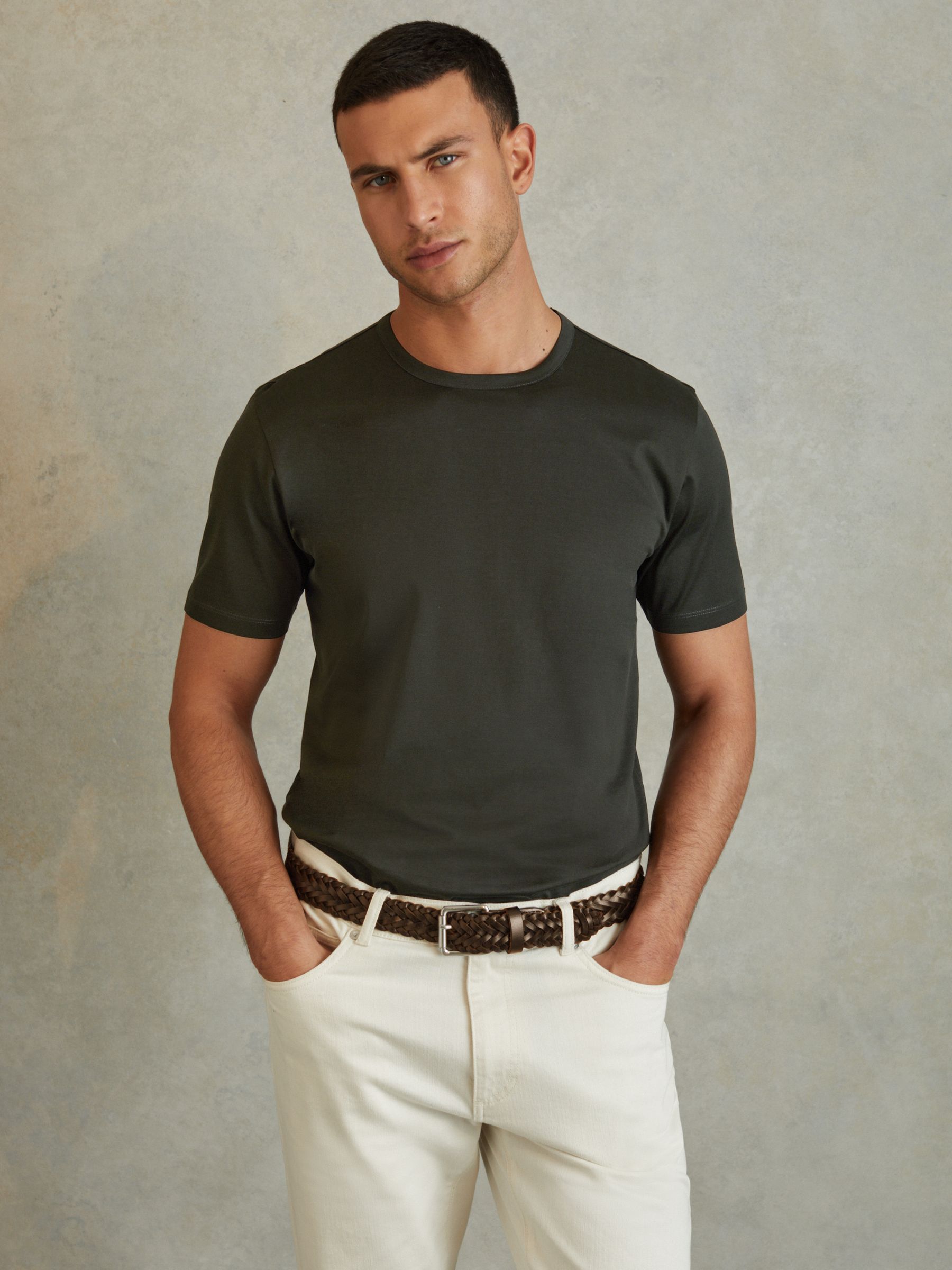 Mercerised Cotton Crew Neck T-Shirt in Dark Olive Green - Image 1 of 5