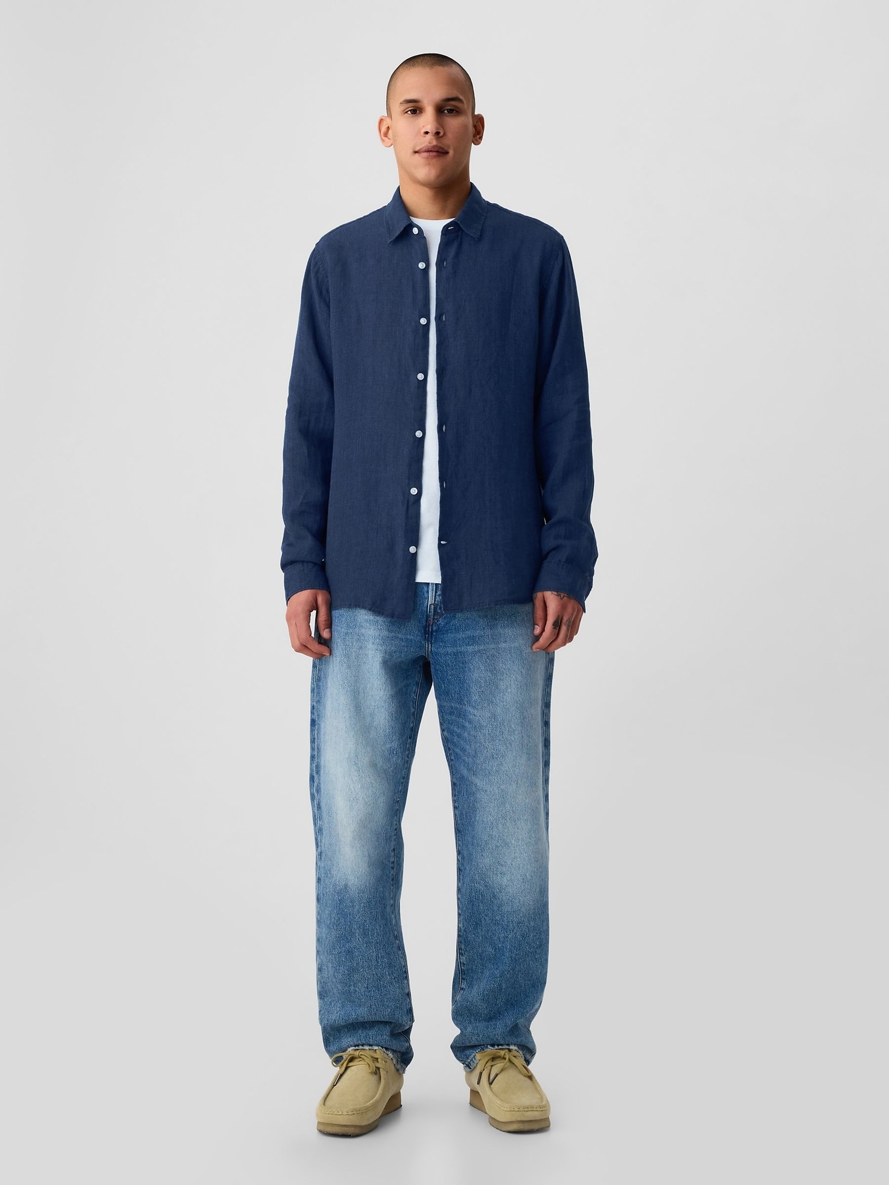 Blue 100% Linen Long Sleeve Shirt - Image 3 of 5
