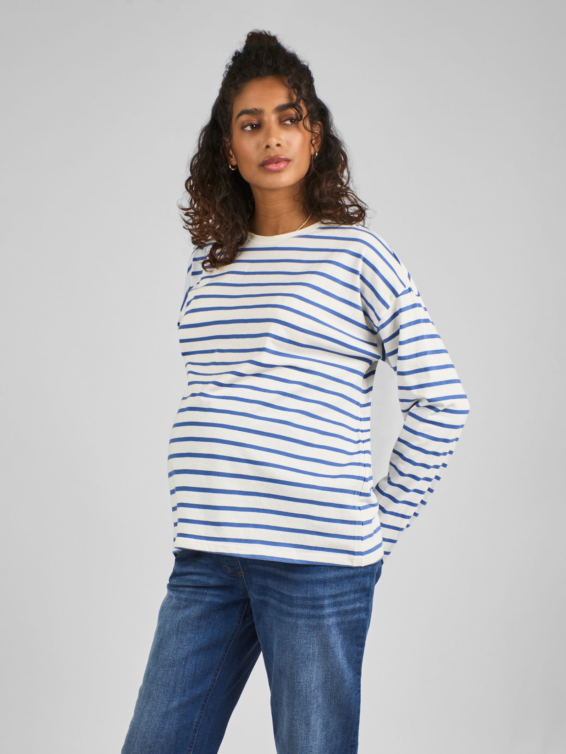 Blue & Cream Stripe Long Sleeve Boyfriend Maternity T-Shirt - Image 1 of 5