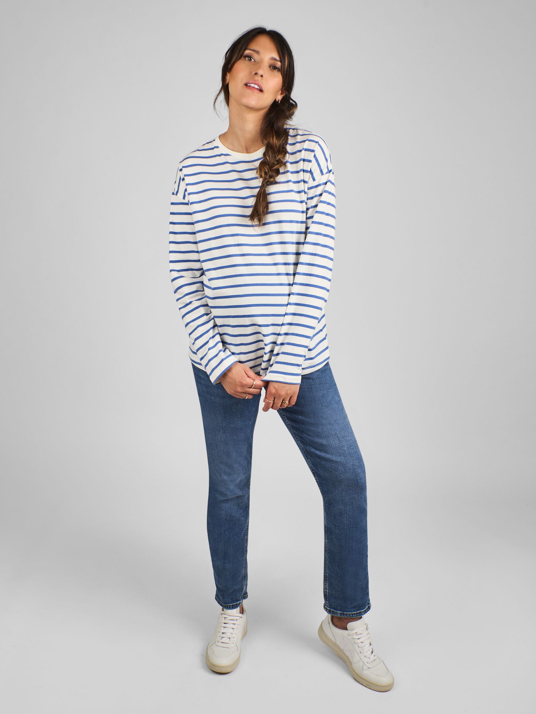 Blue & Cream Stripe Long Sleeve Boyfriend Maternity T-Shirt - Image 3 of 5