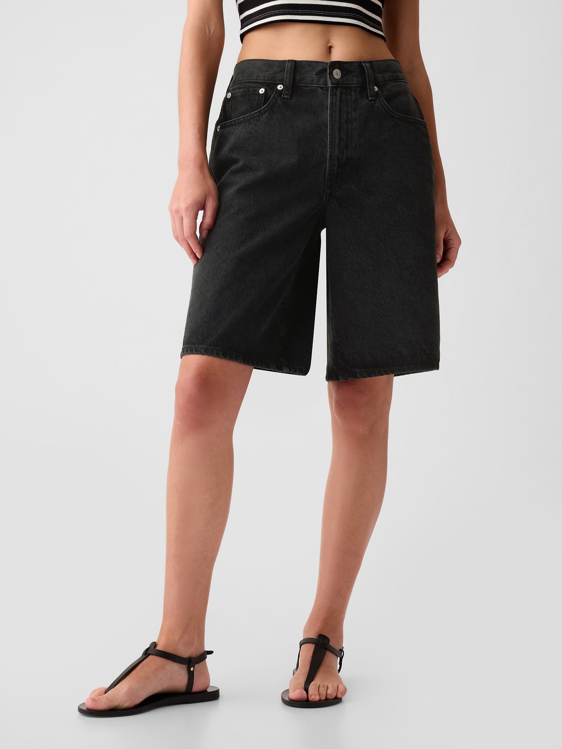 Womens Denim Ladies Black Knee Length Shorts Black Mid Rise - Main Image