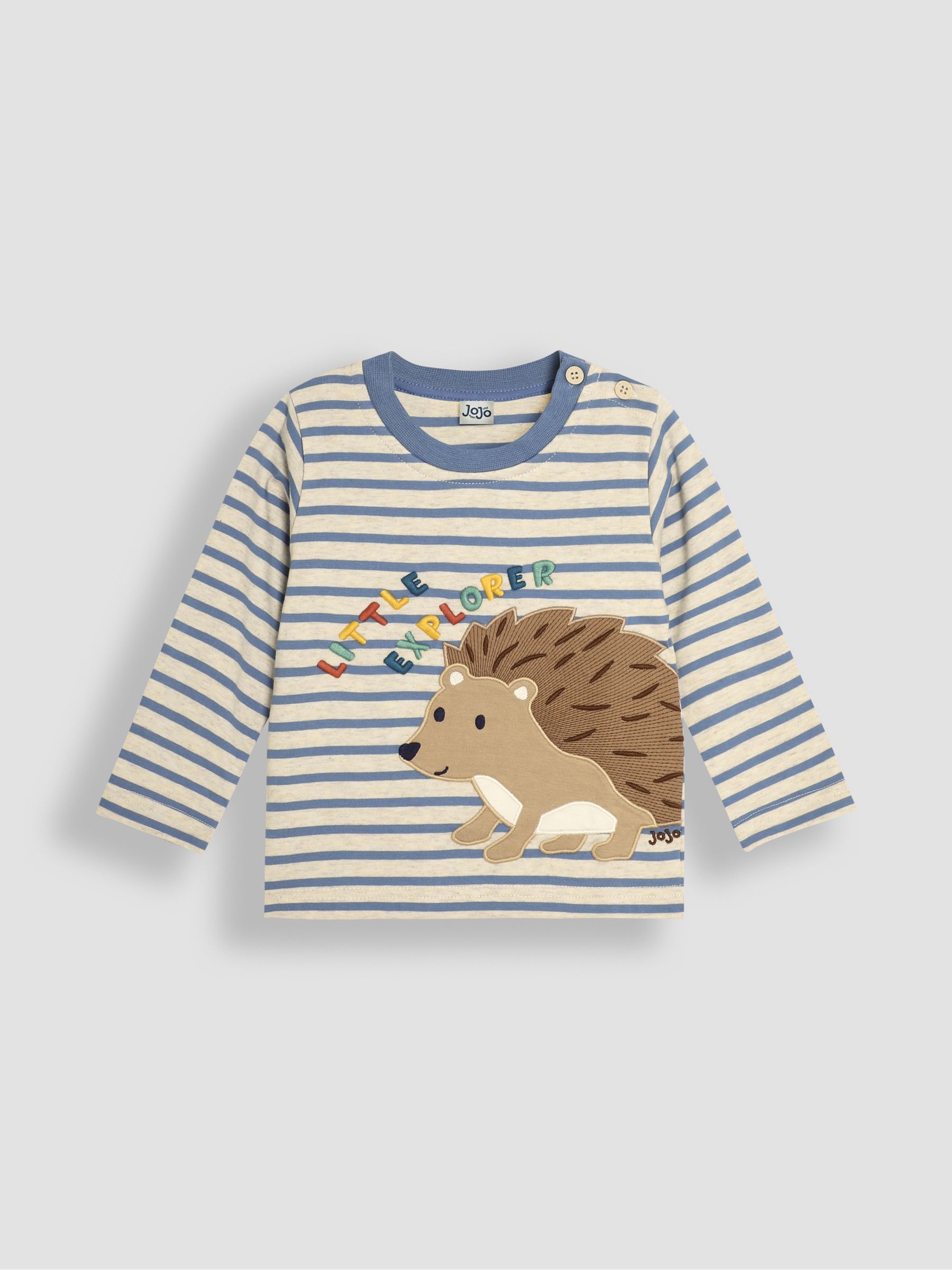 Denim Stripe Hedgehog Long Sleeve Button Shoulder Striped Appliqué Top - Image 1 of 3
