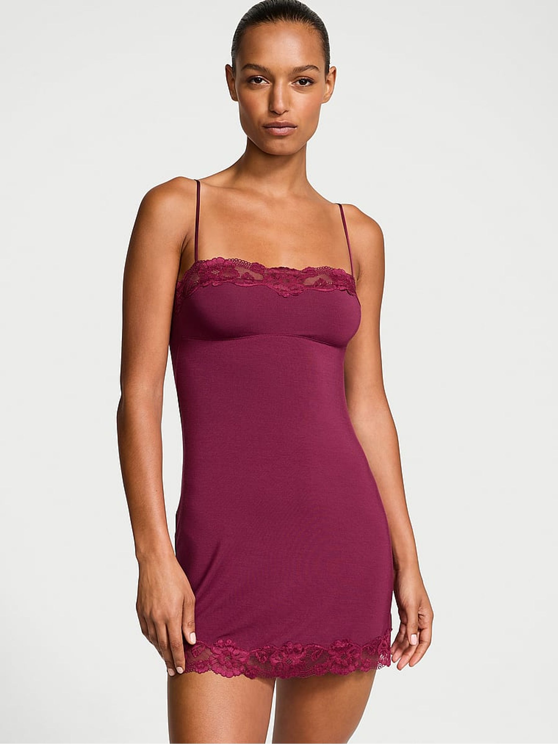 Plum Rouge Red Modal Straight Neck Slip Dress - Image 1 of 4