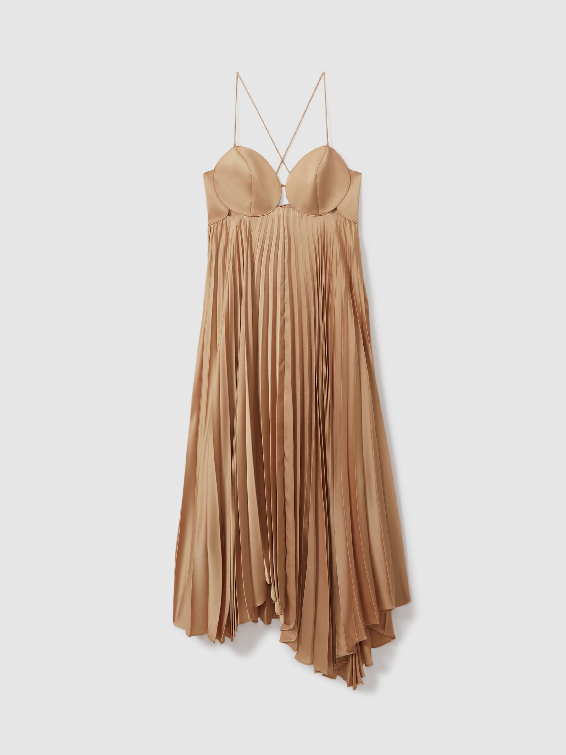 Acler Pleated Asymmetric Midi Dress in Gold - Image 1 of 5