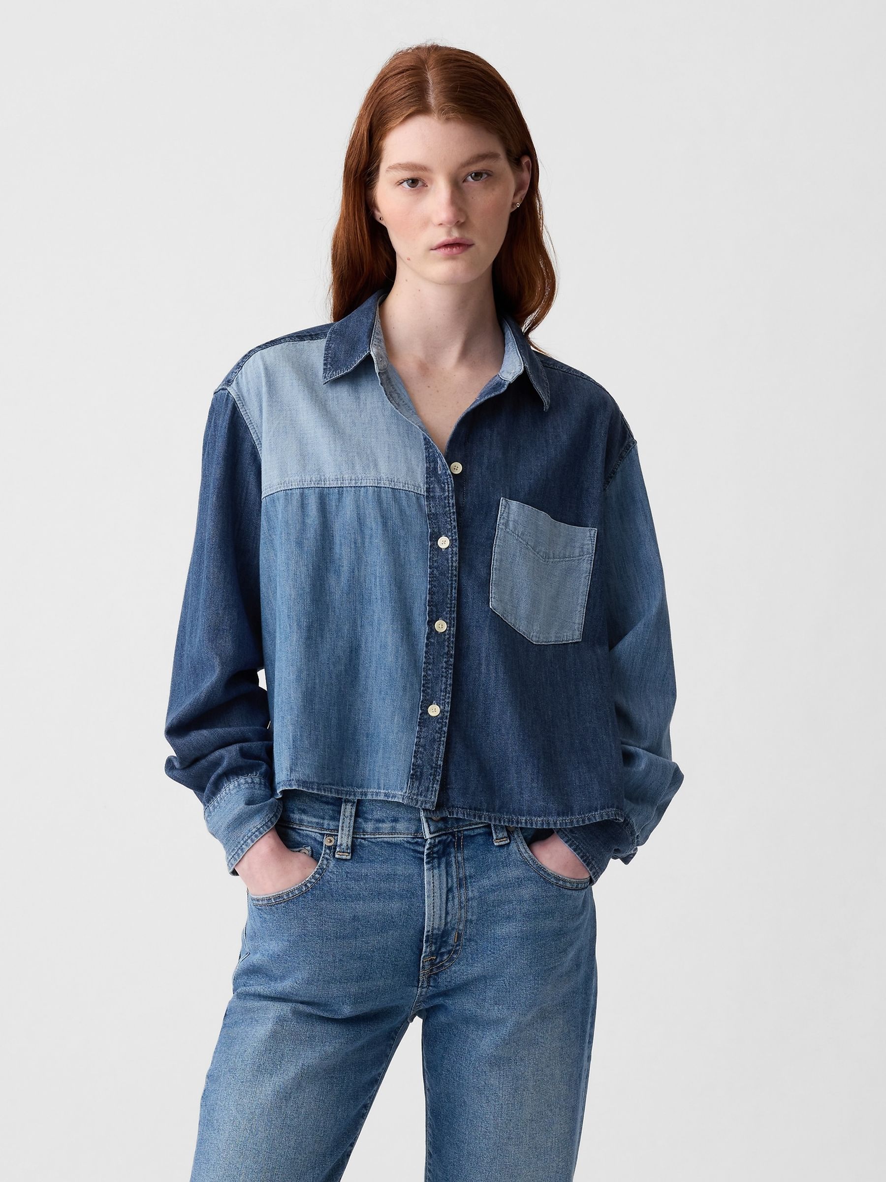 Blue Cropped Patchwork Denim Shirt - Image 1 of 5