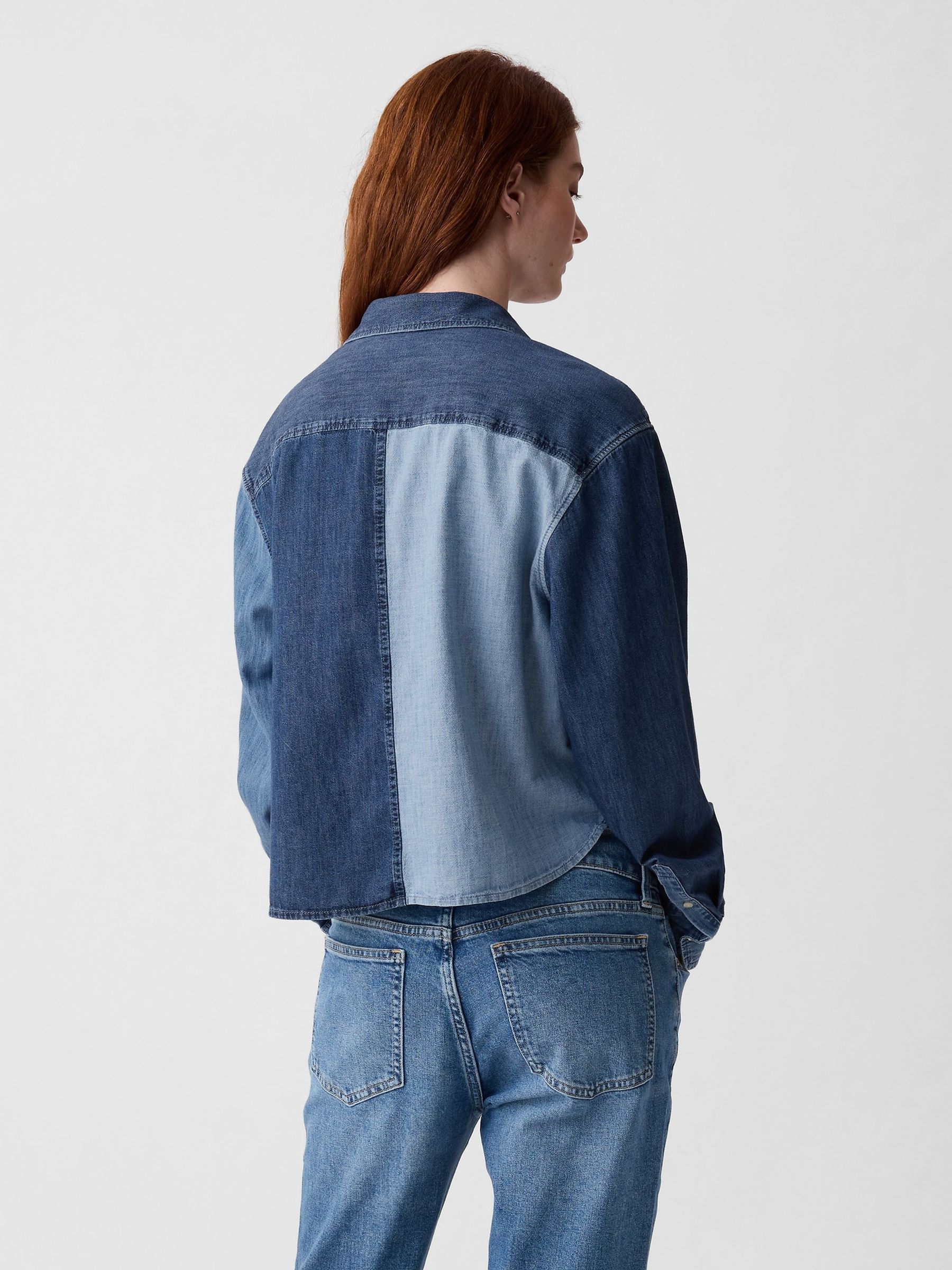 Blue Cropped Patchwork Denim Shirt - Image 2 of 5