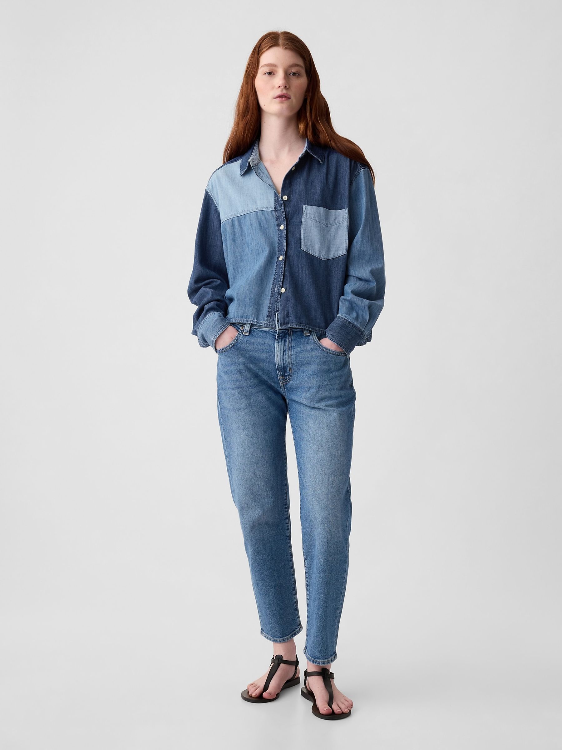 Blue Cropped Patchwork Denim Shirt - Image 3 of 5