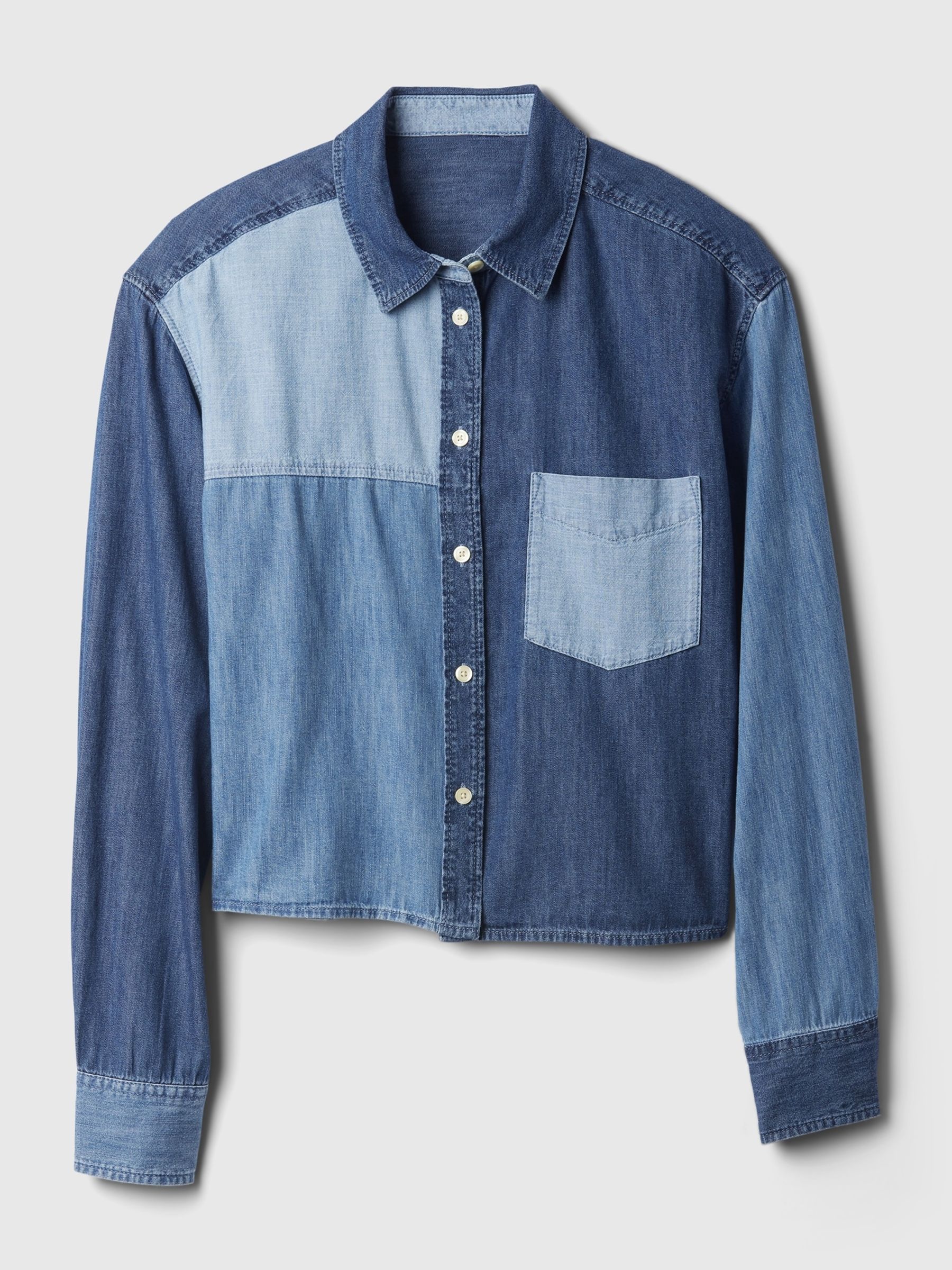 Blue Cropped Patchwork Denim Shirt - Image 5 of 5