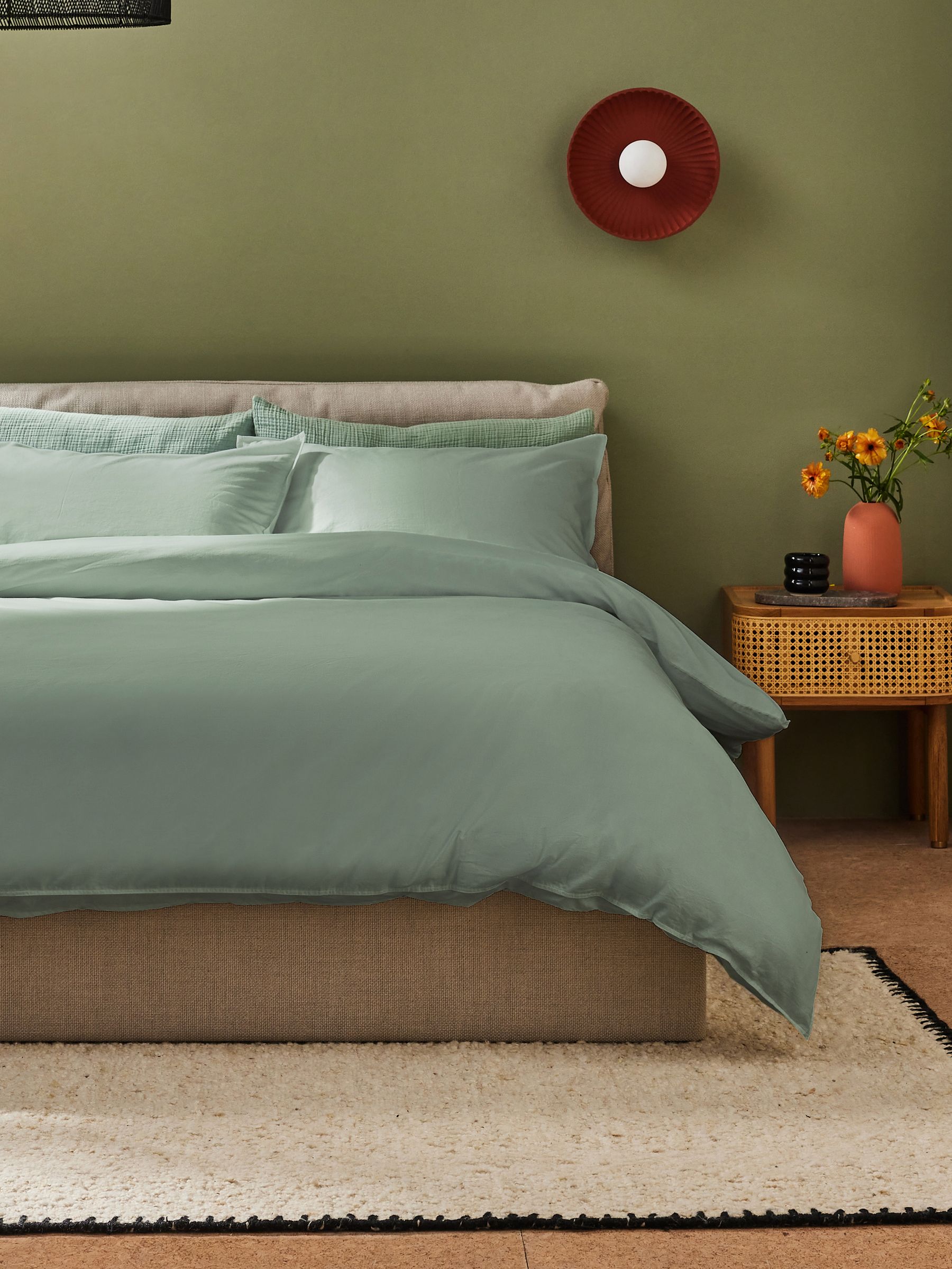 Cosy Washed Cotton Duvet Cover and Pillowcase Set in Sage Green - Image 1 of 3