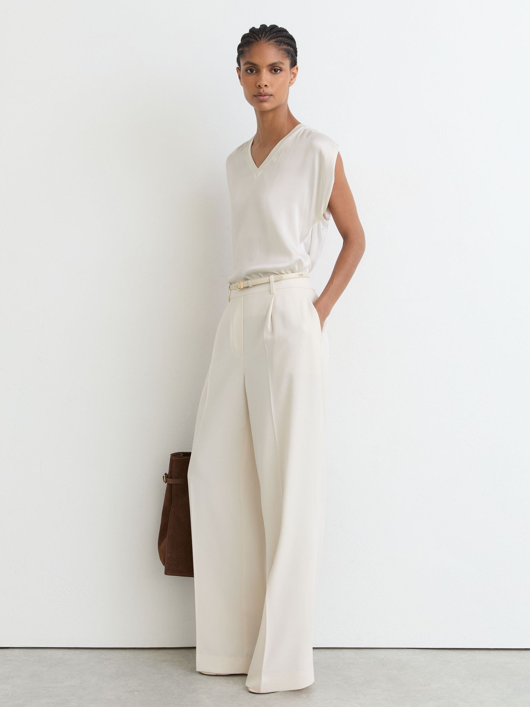 Silk-Front V-Neck Sleeveless Top in White - Image 1 of 6