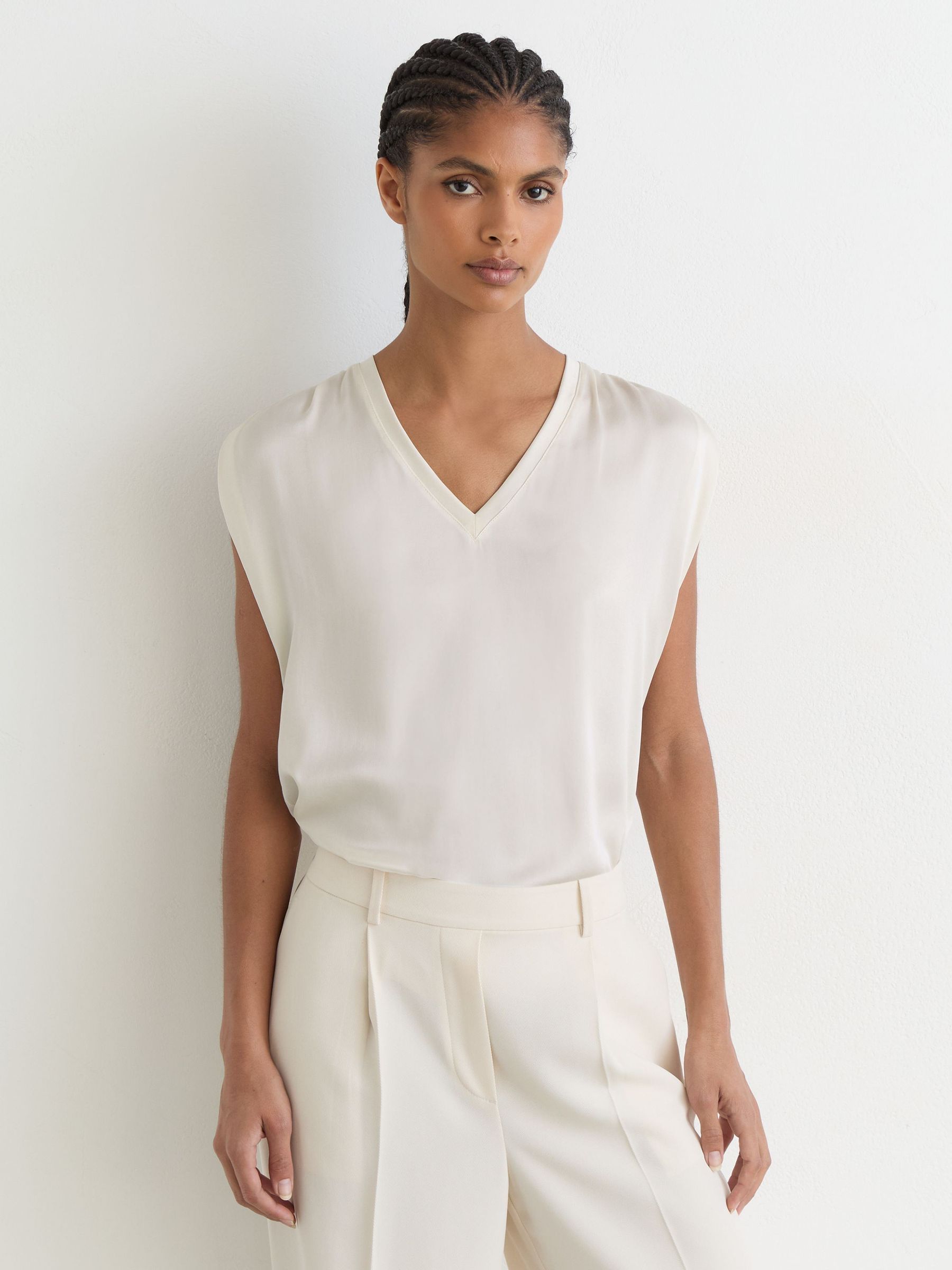 Silk-Front V-Neck Sleeveless Top in White - Image 3 of 6