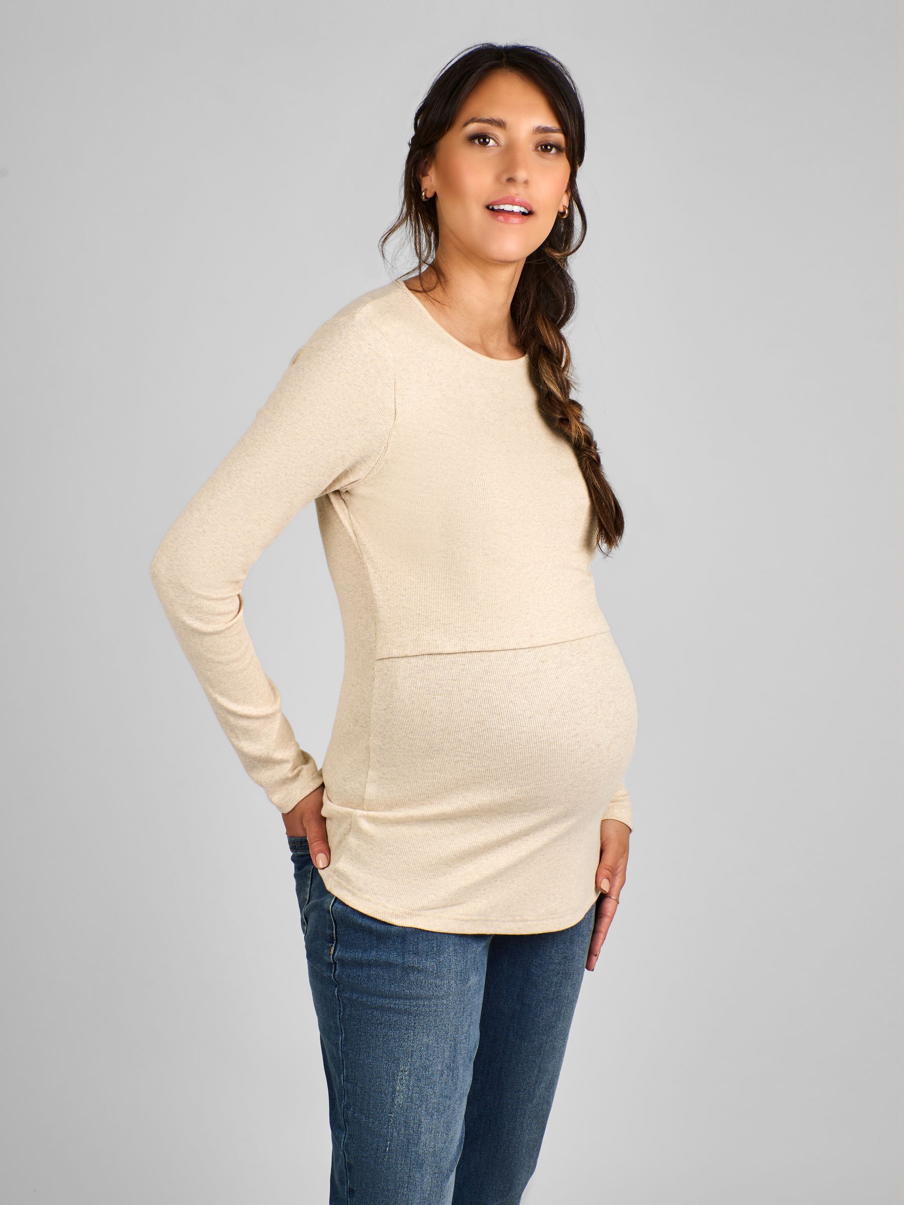 Oatmeal Ribbed Jersey Maternity & Nursing Top - Image 1 of 4