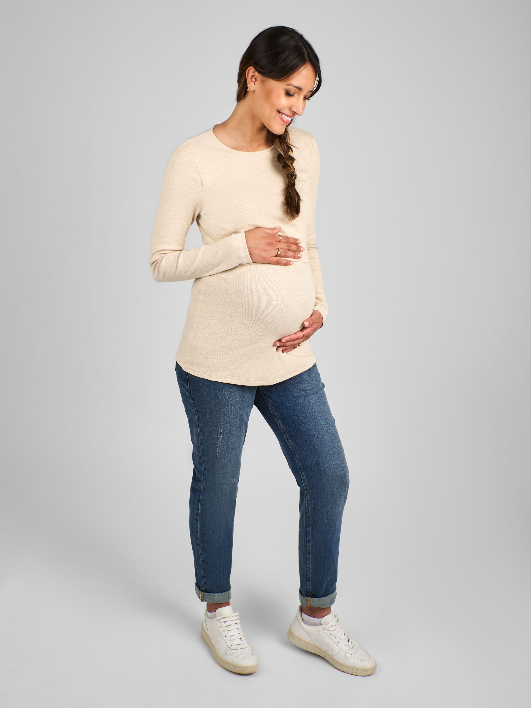 Oatmeal Ribbed Jersey Maternity & Nursing Top - Image 3 of 4