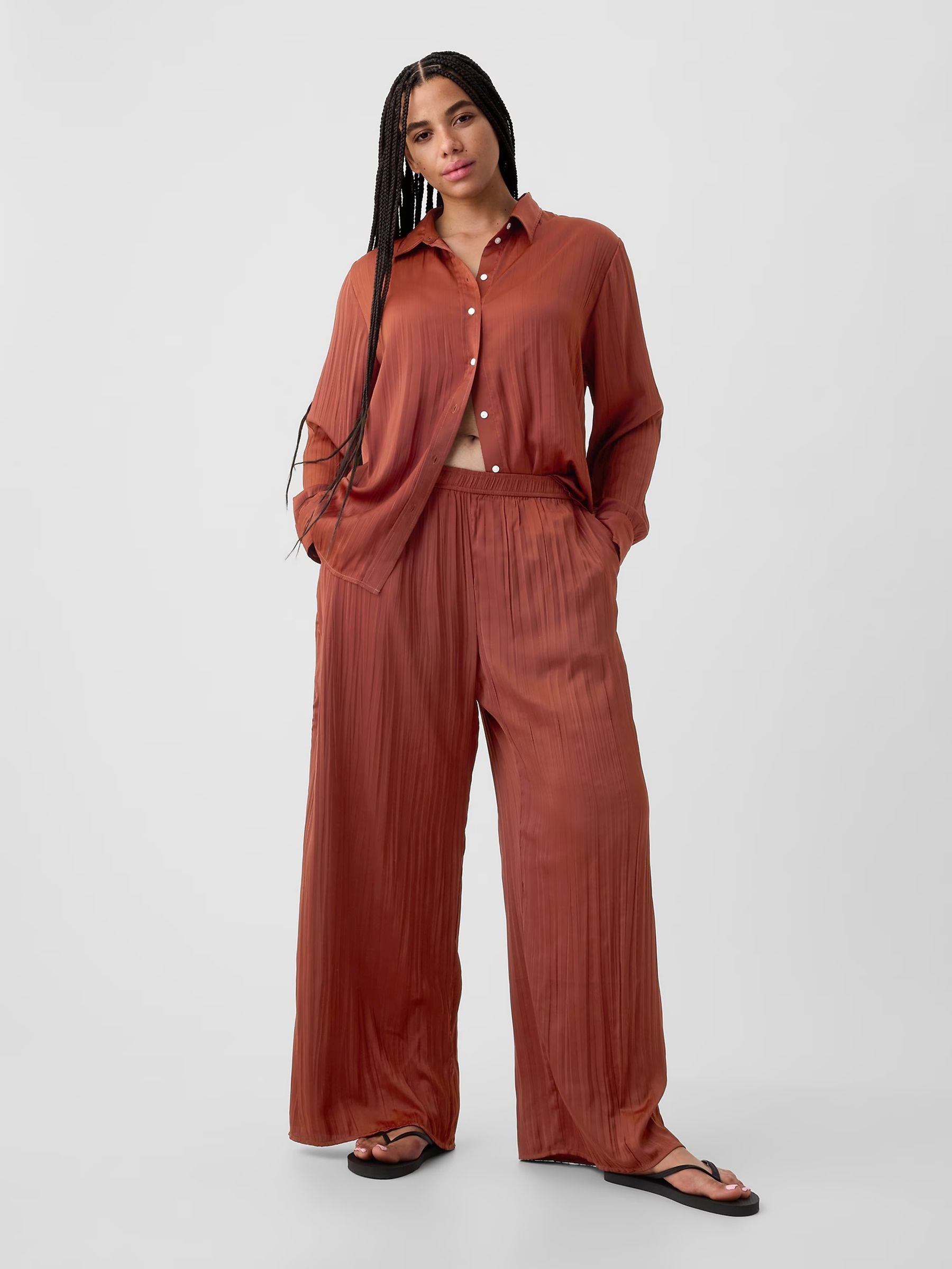 Brown Crinkle Texture Satin Trousers - Image 1 of 5