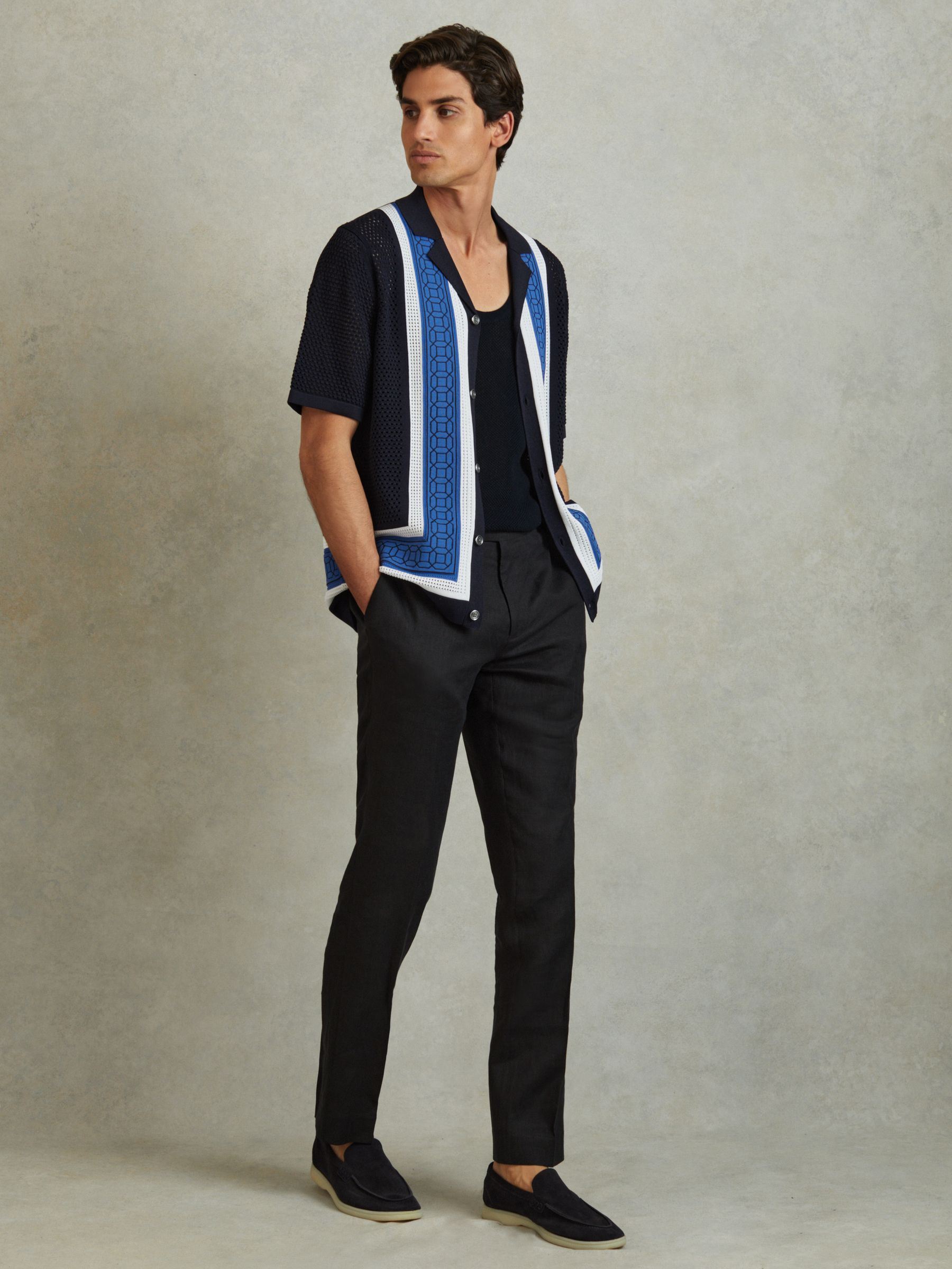 Embroidered Cuban Collar Shirt in Navy - Image 1 of 1