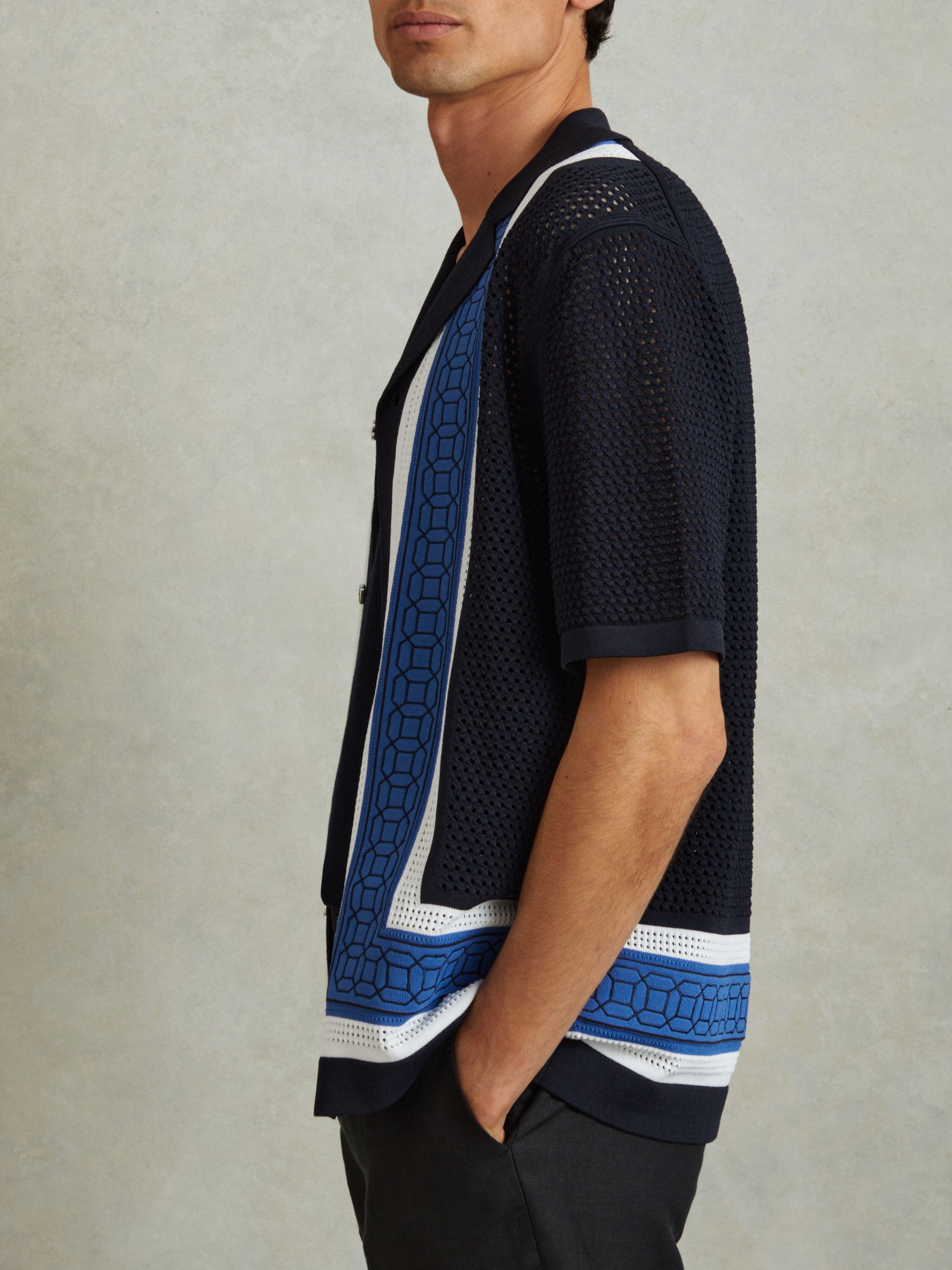 Embroidered Cuban Collar Shirt in Navy - Image 3 of 5