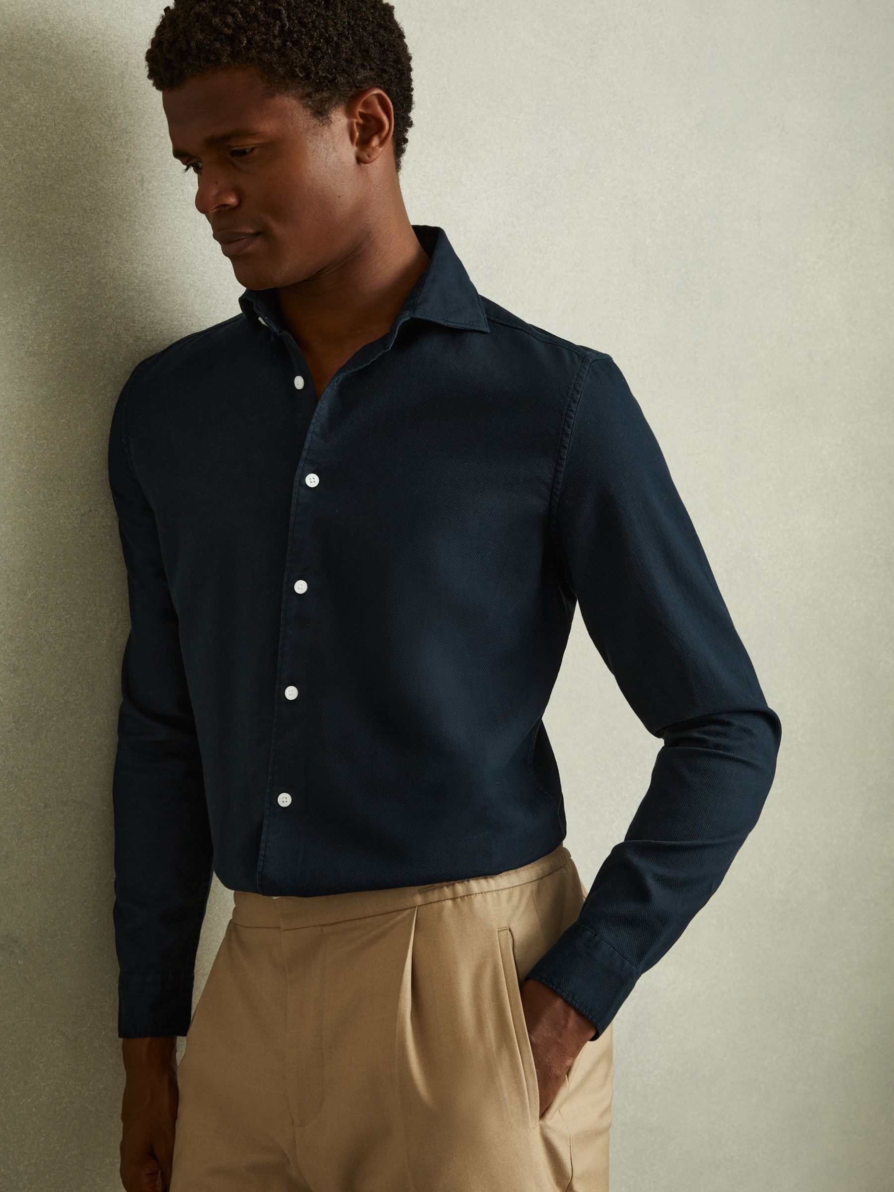 Textured Garment Dyed Button-Through Shirt in Indigo Blue - Image 1 of 5