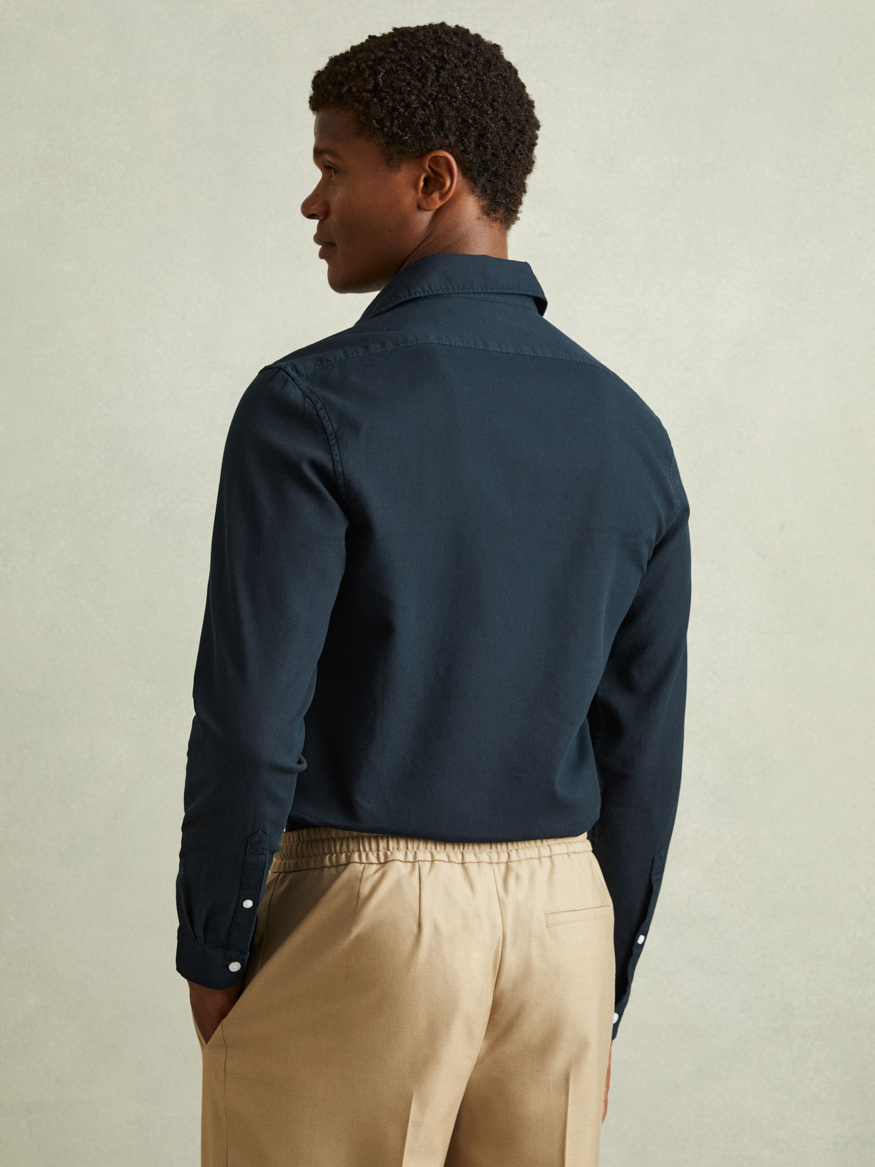 Textured Garment Dyed Button-Through Shirt in Indigo Blue - Image 4 of 5