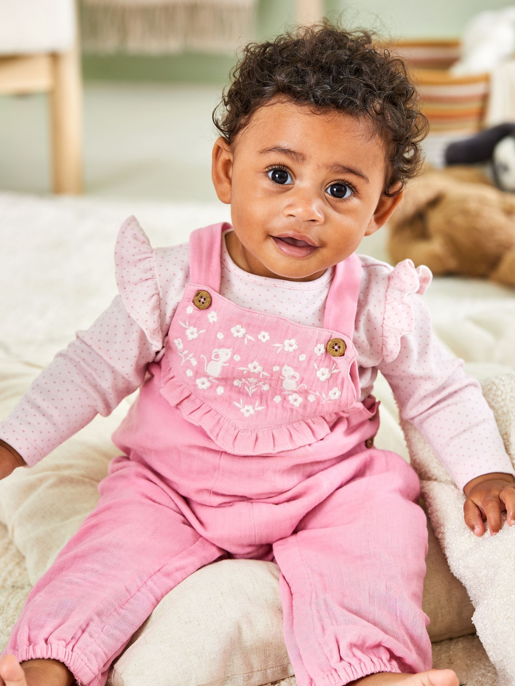 Pink Mouse Embroidered Cheesecloth Dungarees and Top Set - Image 1 of 6