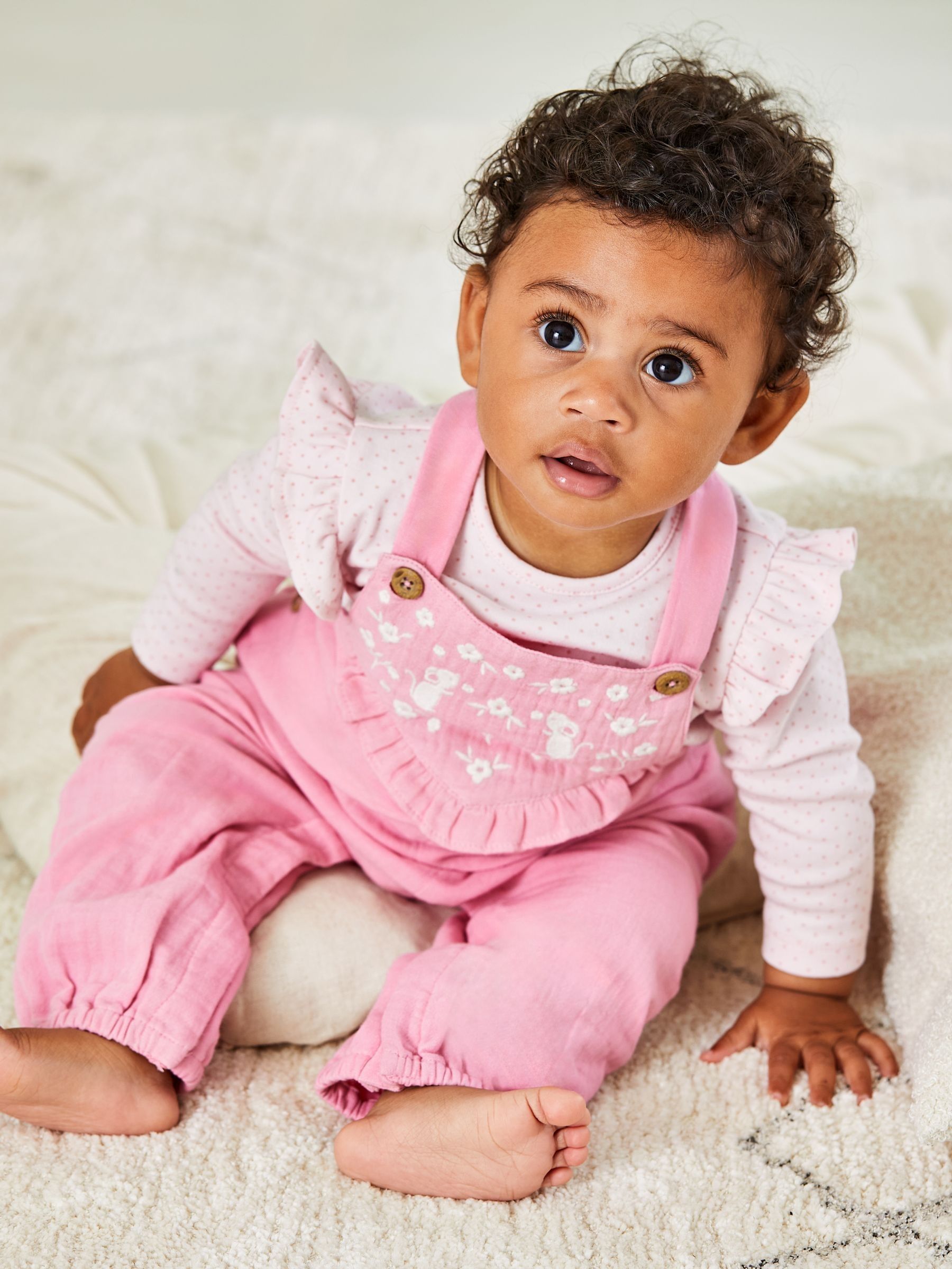 Pink Mouse Embroidered Cheesecloth Dungarees and Top Set - Image 3 of 6