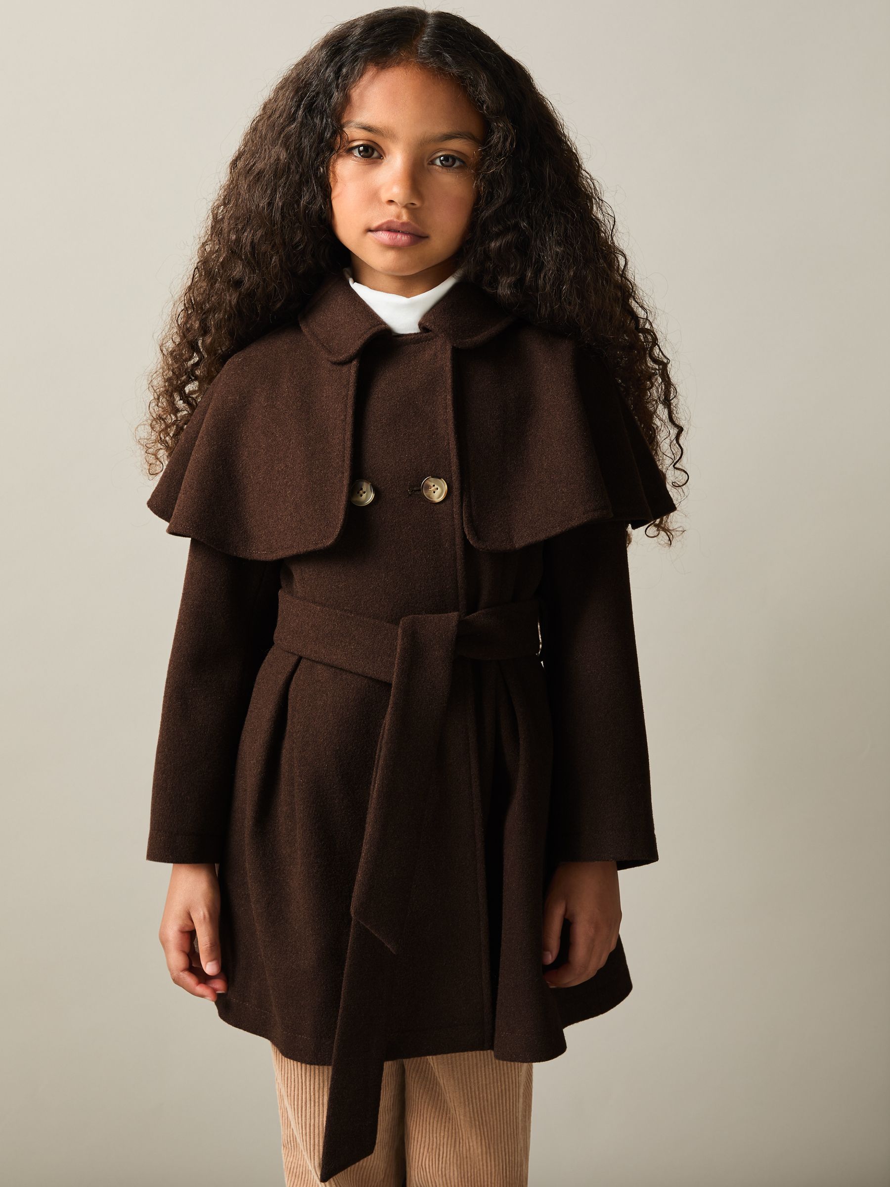 9-13 yrs Double Breasted Cape Coat with Wool in Chocolate - Image 1 of 4
