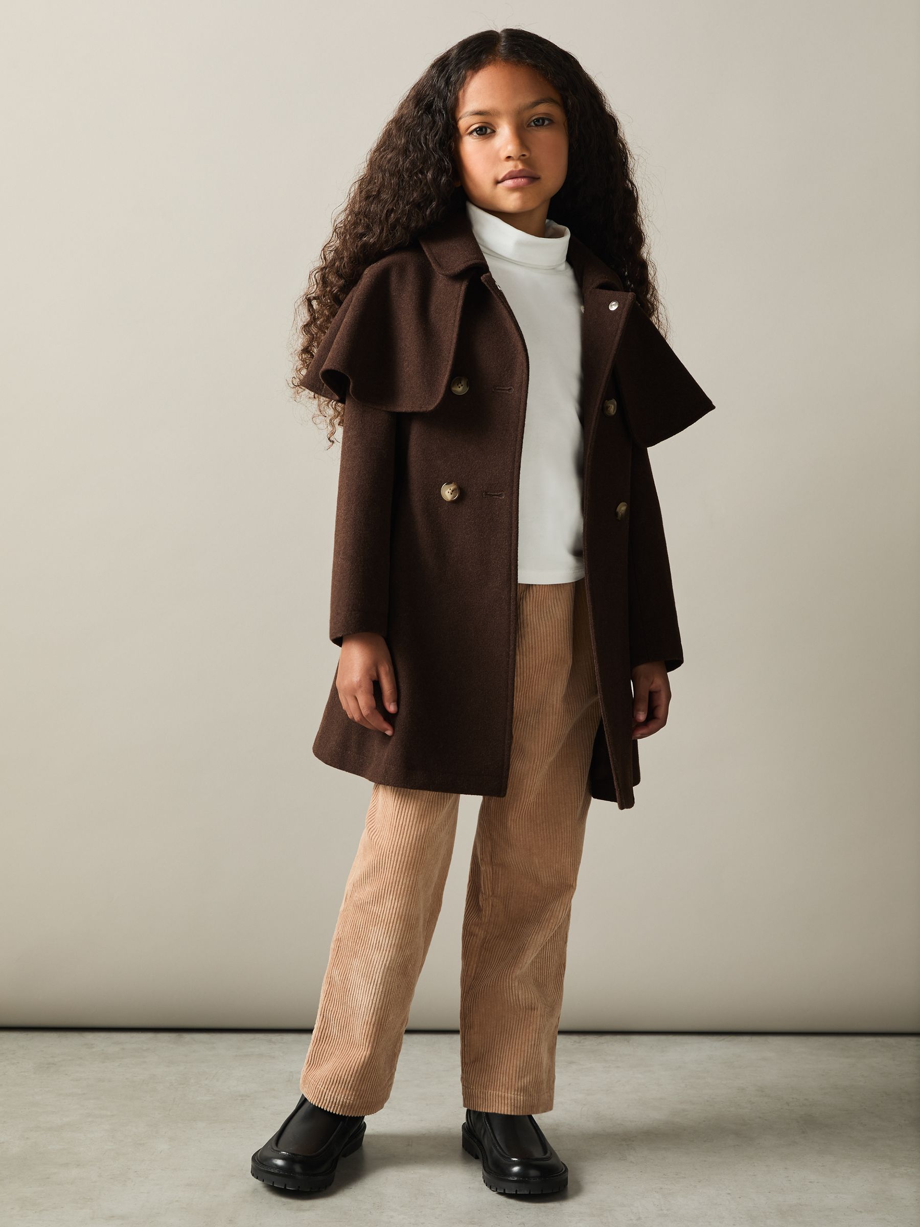 9-13 yrs Double Breasted Cape Coat with Wool in Chocolate - Image 3 of 4