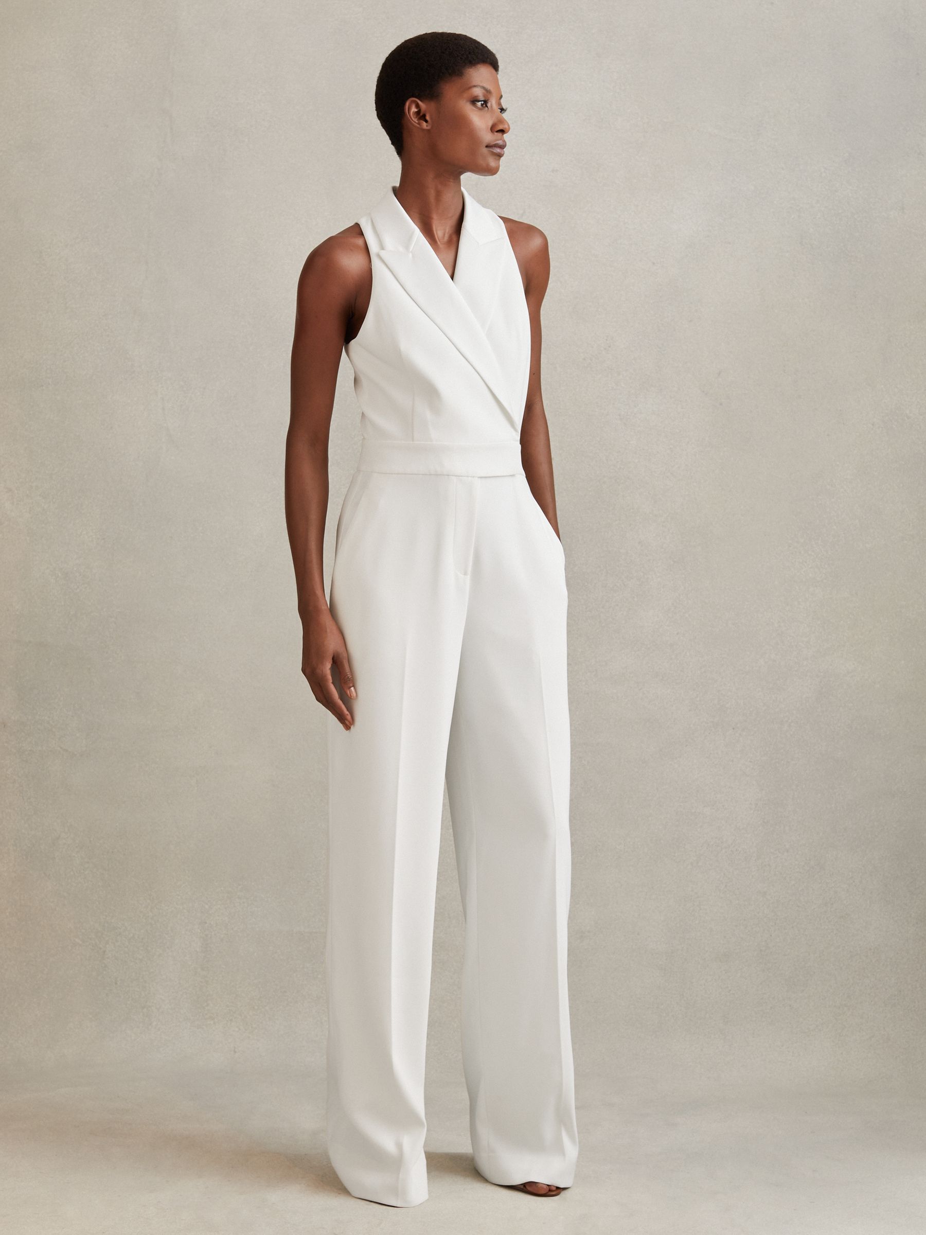 Petite Double Breasted Satin Tux Jumpsuit in White - Image 1 of 7 Petite Double Breasted Satin Tux Jumpsuit in White - Image 1 of 7