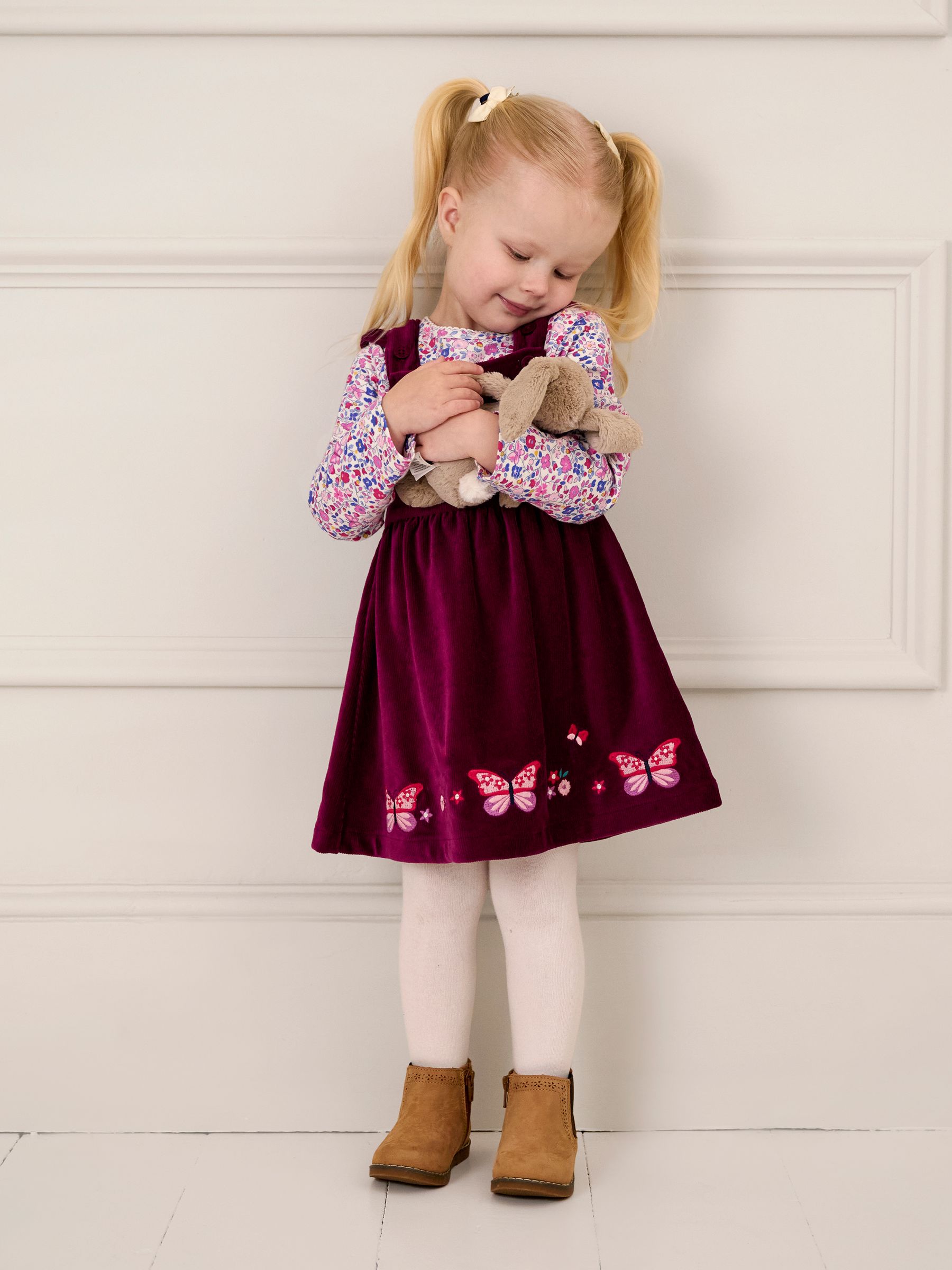 Plum Purple Butterfly Velour Appliqué Velour Pinafore Dress And Top Set - Image 1 of 7